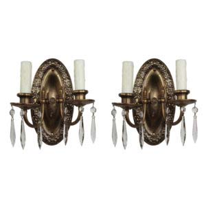 Antique Pair of Neoclassical Sconces in Brass, Icicle Prisms