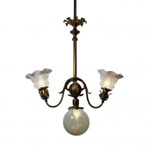 Neoclassical Three-Light Chandelier with Art Glass Shades, Antique Lighting-0