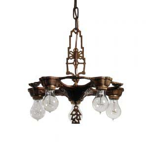 Art Deco Five-Light Chandelier with Exposed Bulbs, Antique Lighting-0