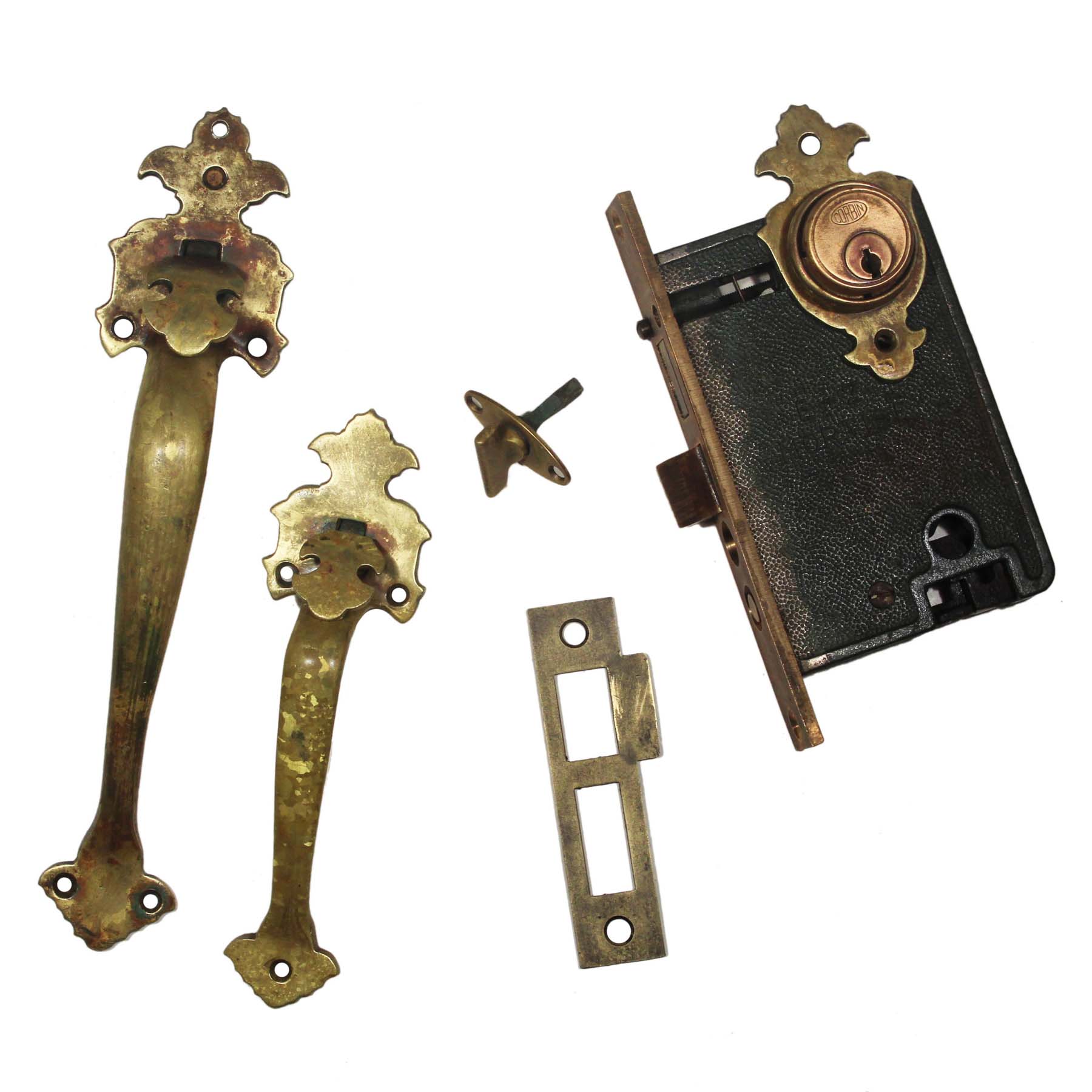 SOLD Complete Brass Thumb Latch Entry Set by Welch, Antique Hardware-0