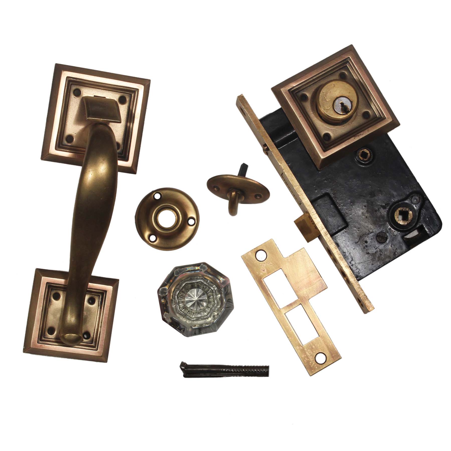 SOLD Complete Antique Brass Exterior Lock Set with Thumb Latch-0