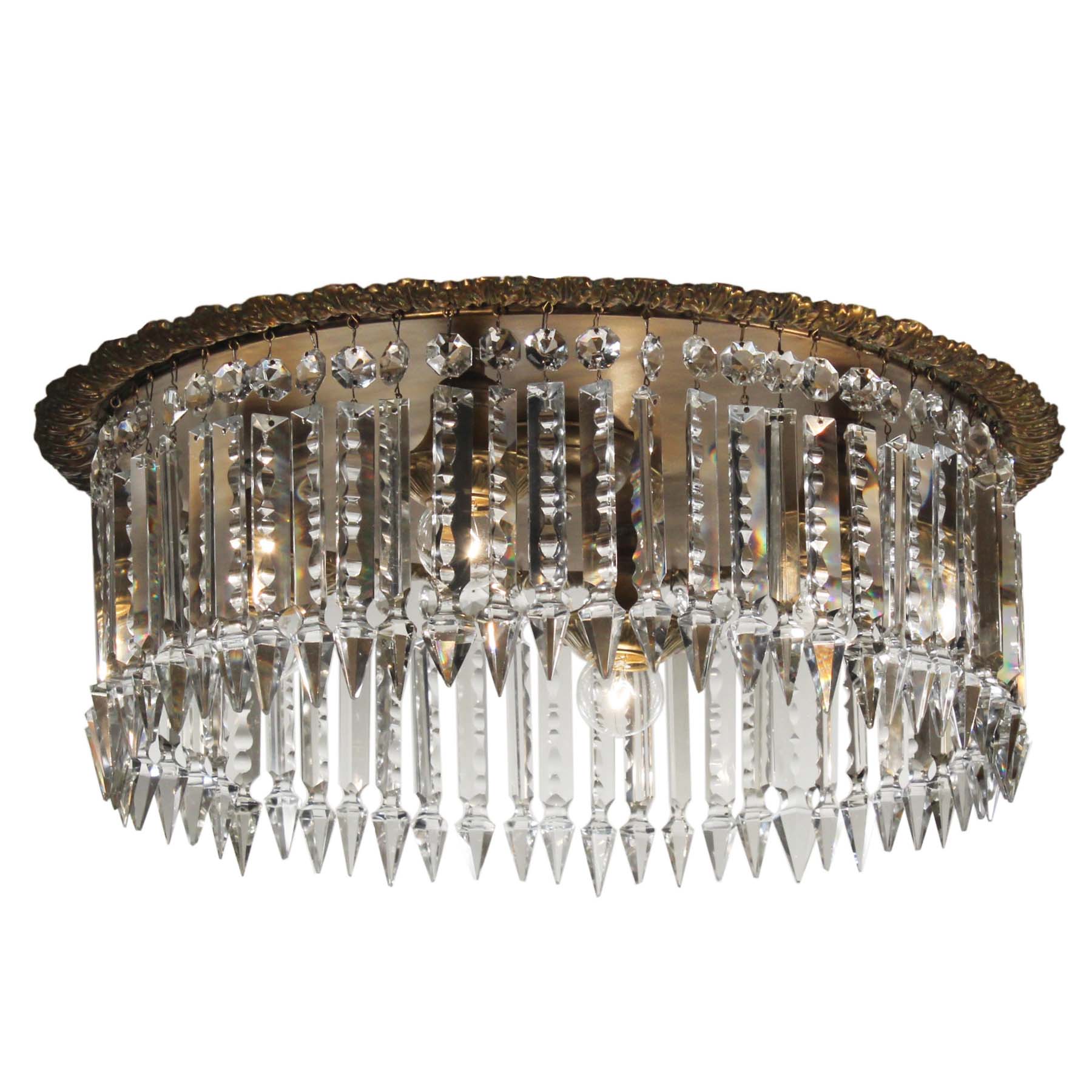 SOLD Antique Neoclassical Brass Flush Mount Chandelier with Crystal Prisms-0