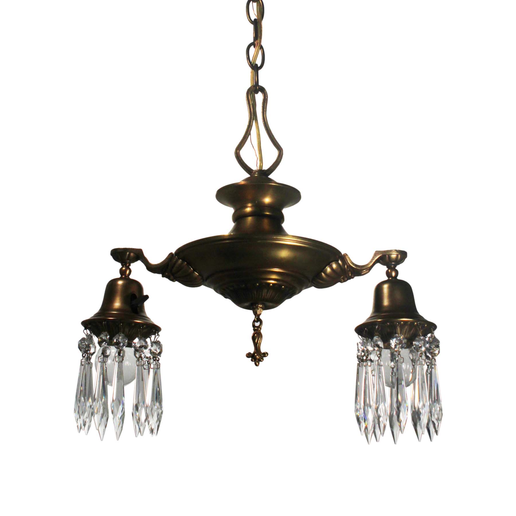 SOLD Brass Two Light Chandelier with Prisms, Antique Lighting-0