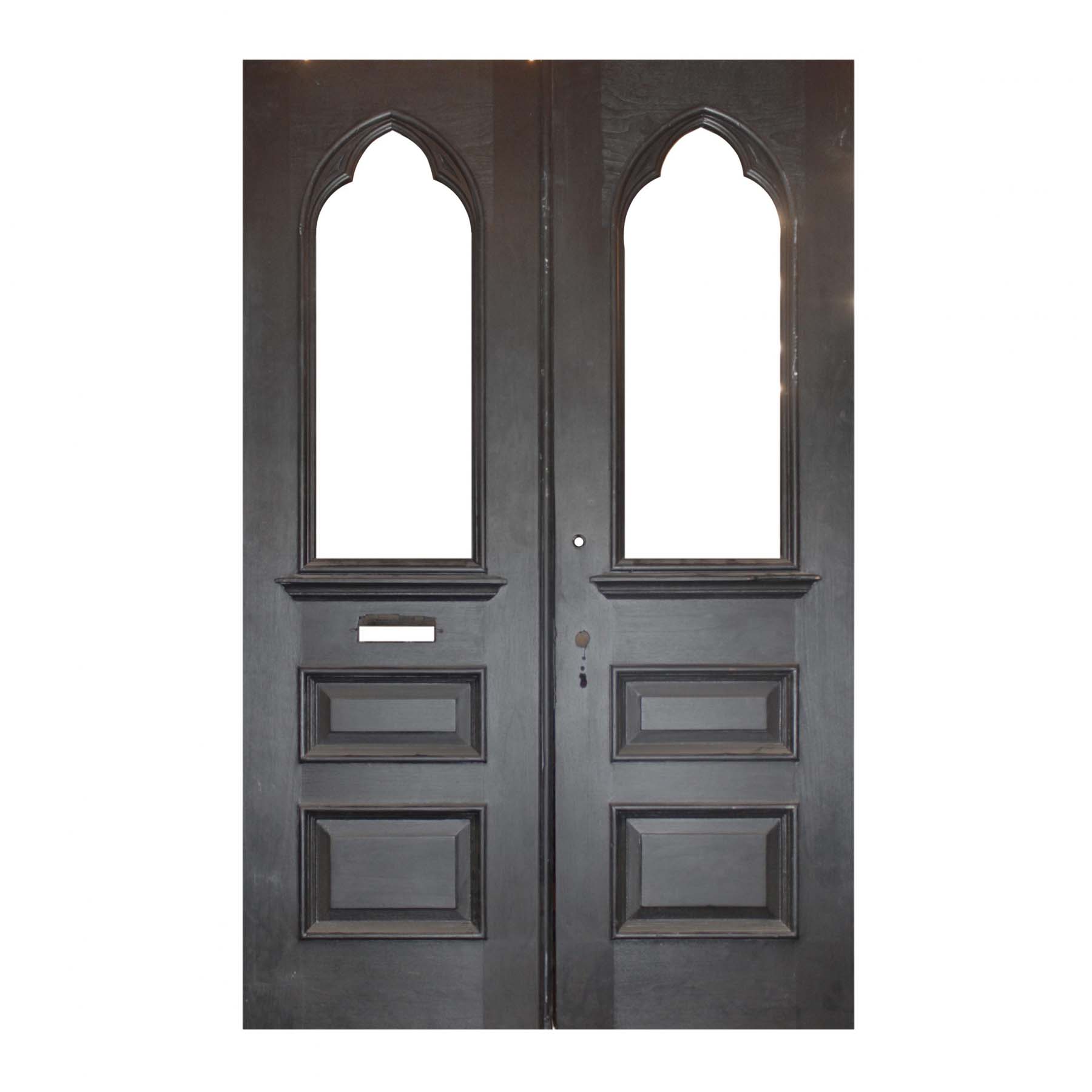 SOLD Antique Salvaged 60” Double Doors with Gothic Arch Windows-0
