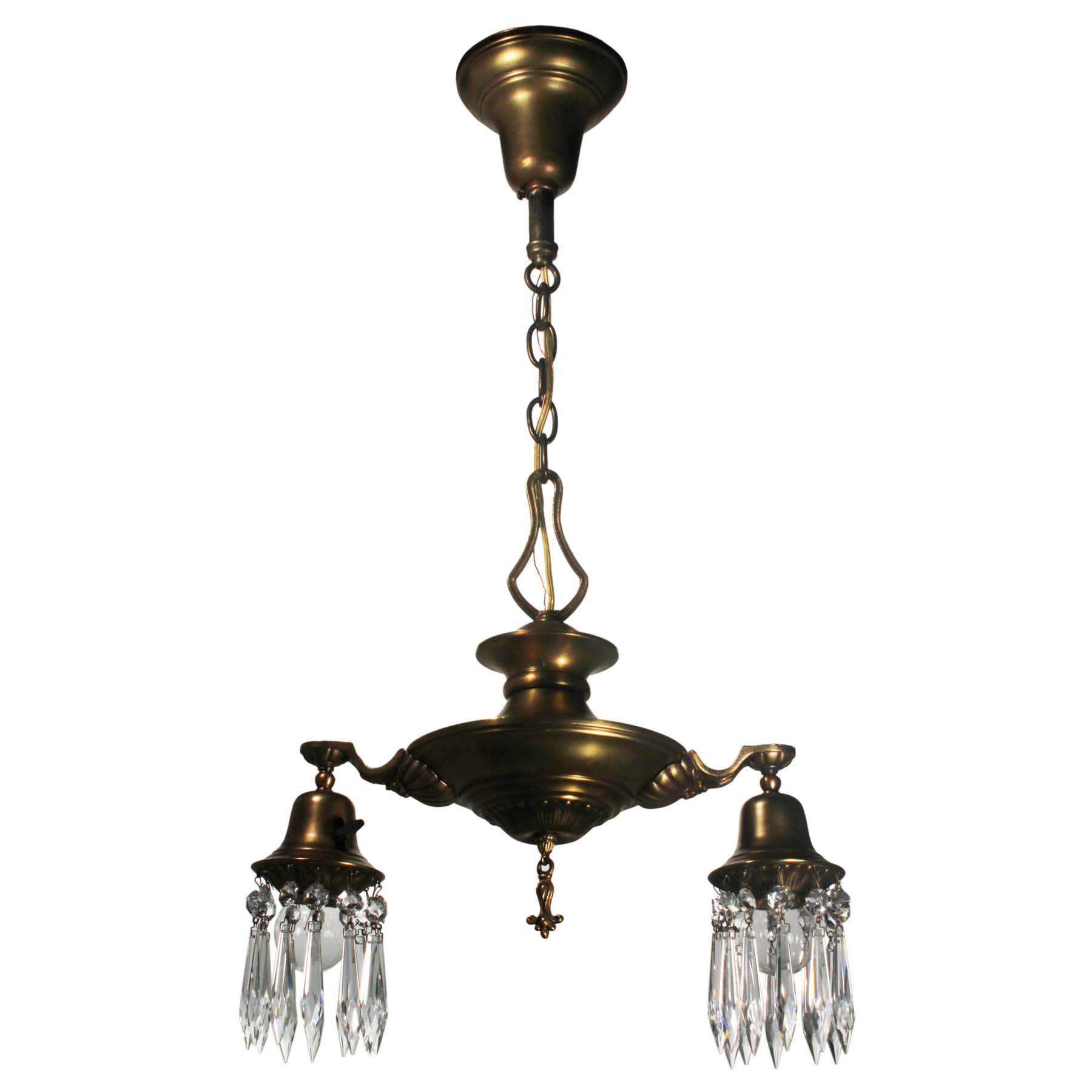 SOLD Brass Two Light Chandelier with Prisms, Antique Lighting-67016