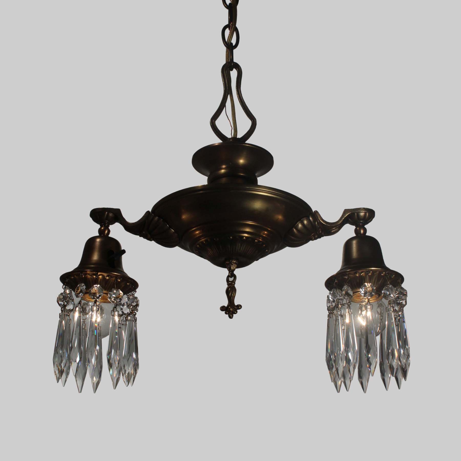 SOLD Brass Two Light Chandelier with Prisms, Antique Lighting-67019