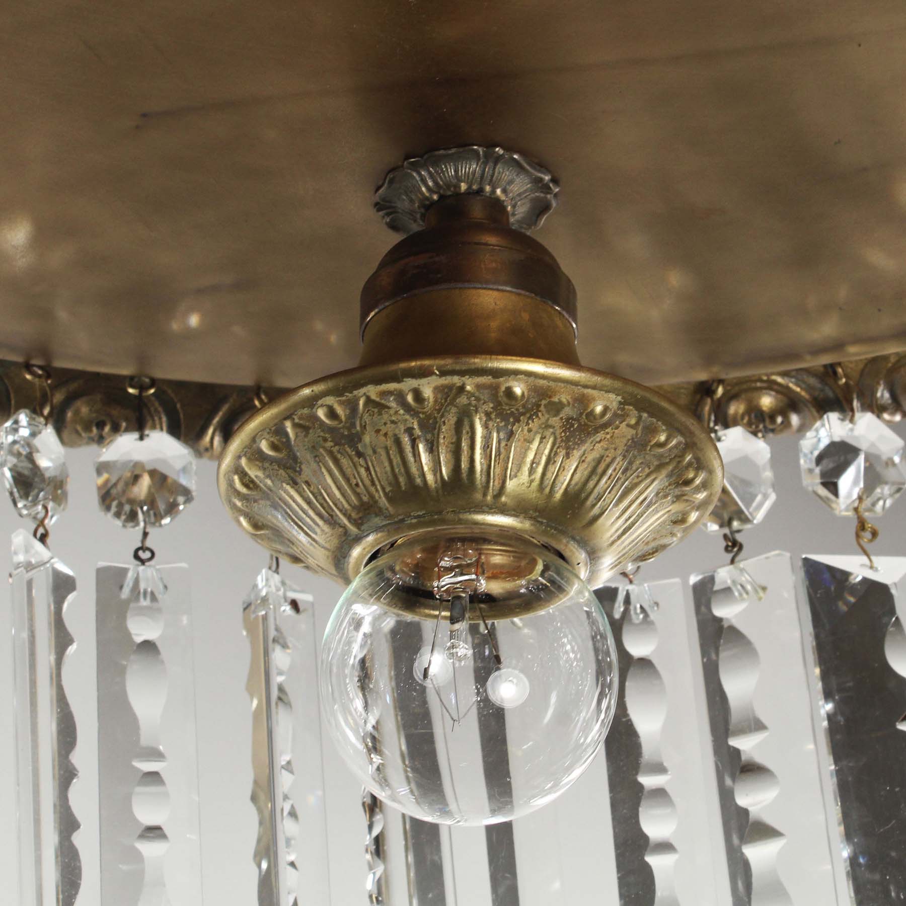 SOLD Antique Neoclassical Brass Flush Mount Chandelier with Crystal Prisms-67051