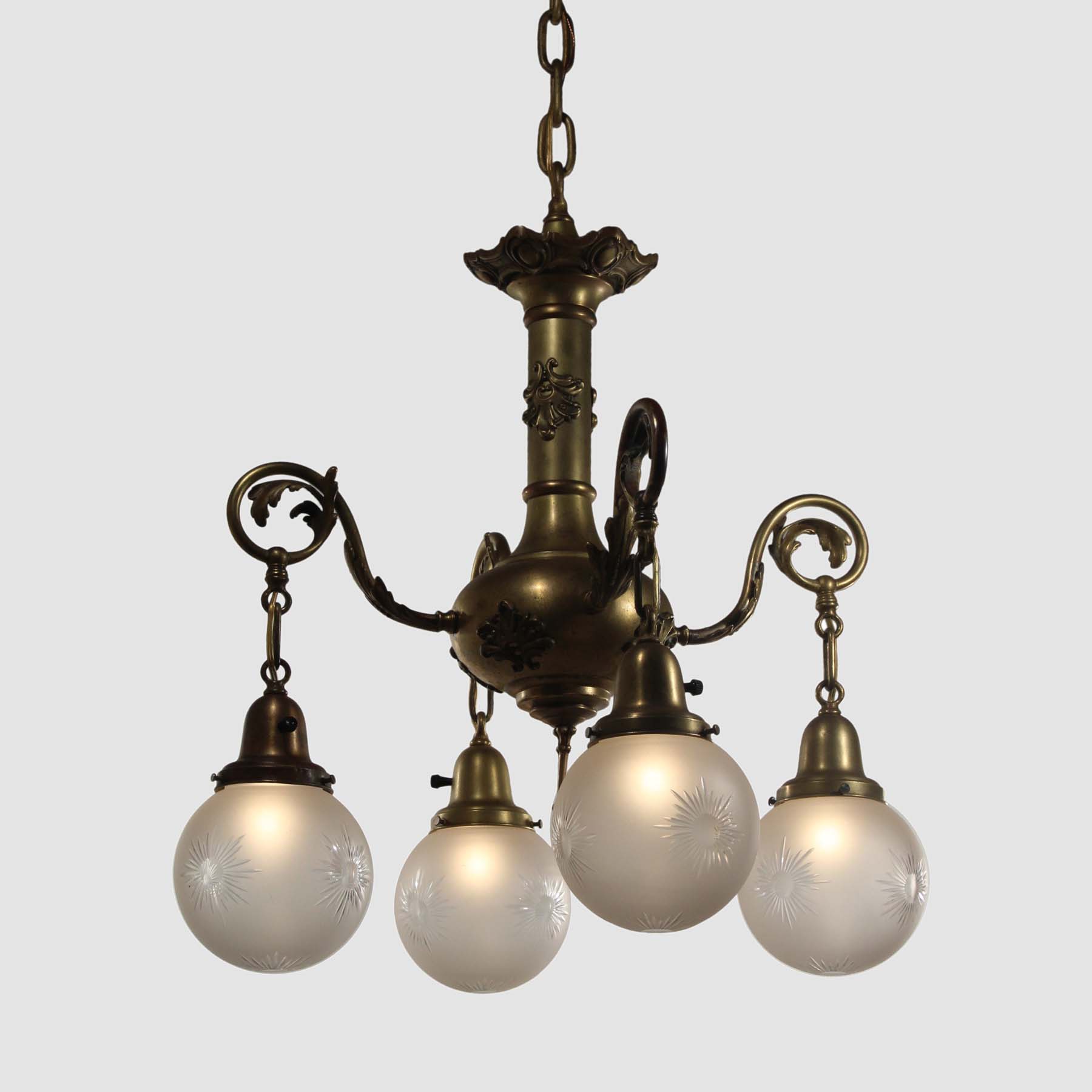SOLD Neoclassical Chandelier with Wheel Cut Shades, Antique Lighting-67078