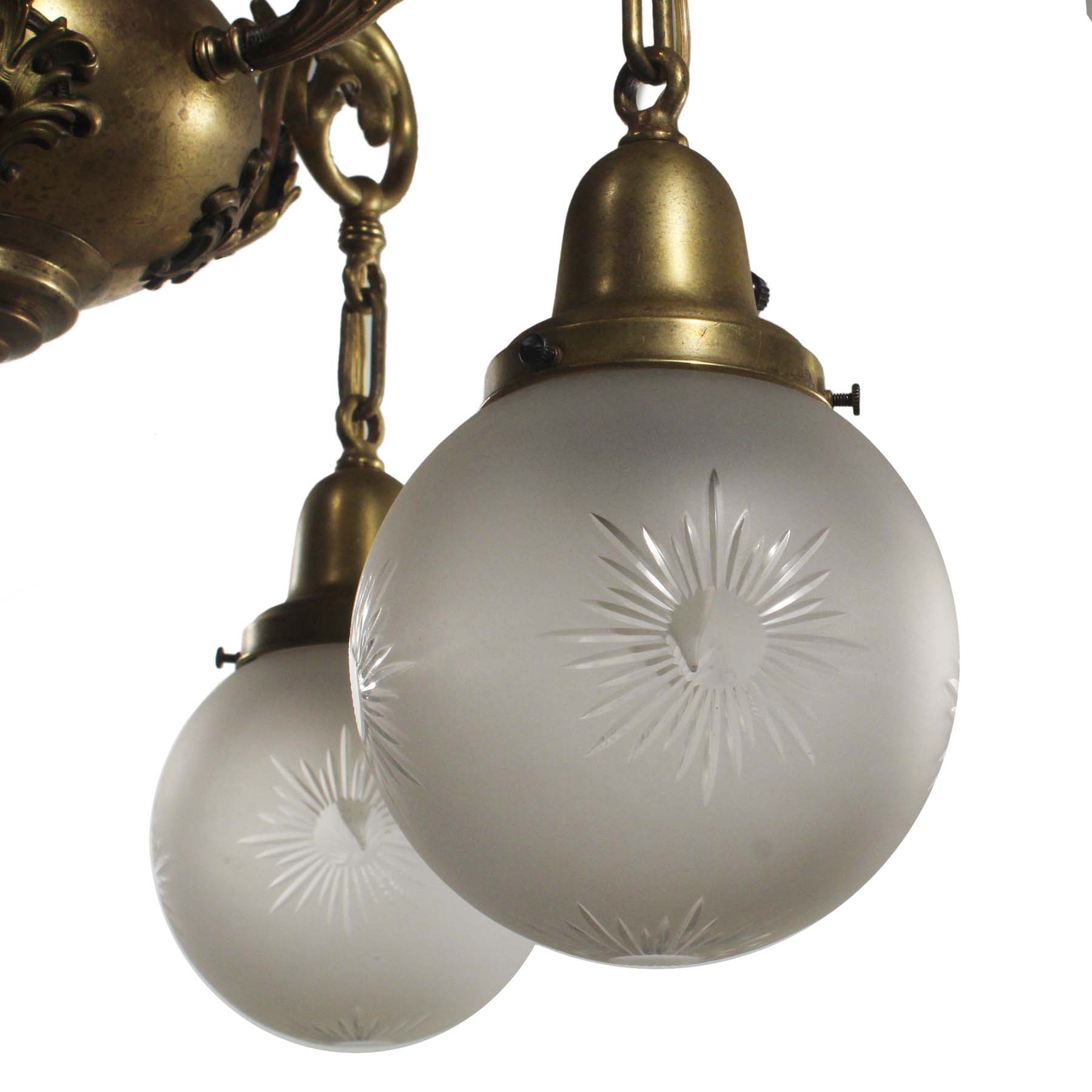 SOLD Neoclassical Chandelier with Wheel Cut Shades, Antique Lighting-67084
