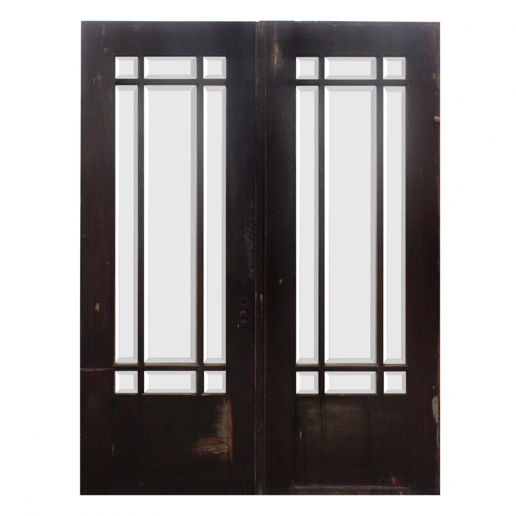 SOLD Salvaged 64"Oak Craftsman Door Pair, Beveled Glass-0