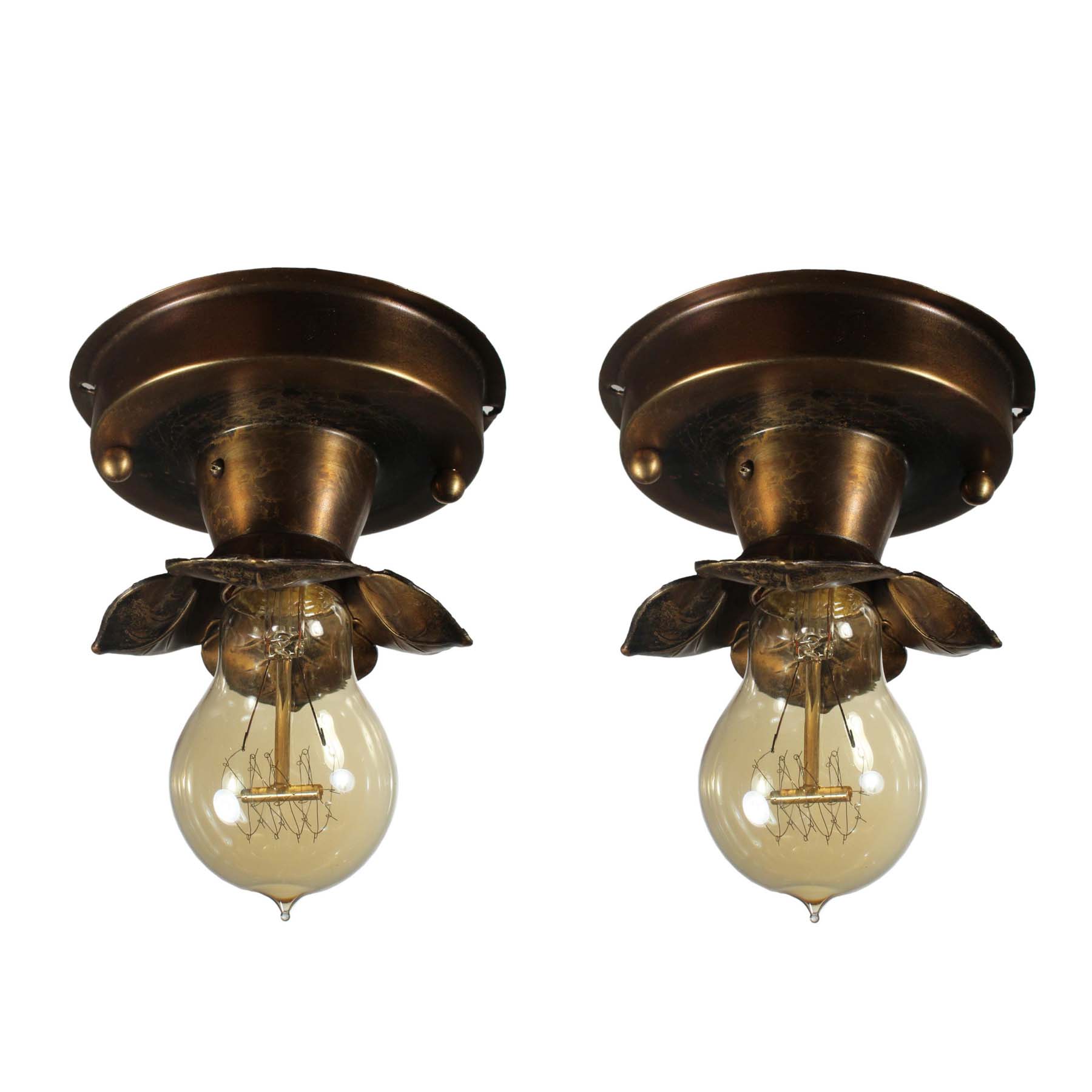 SOLD Brass Flush-Mount Lights with Exposed Bulbs, Antique Lighting-0