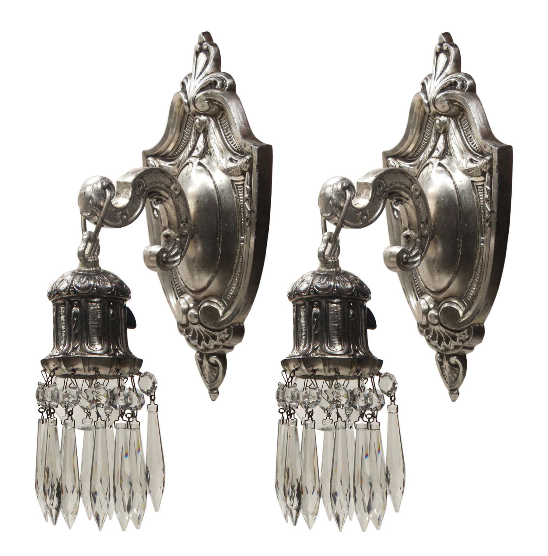 SOLD Neoclassical Pair of Antique Silver Plated Sconces with Prisms-0