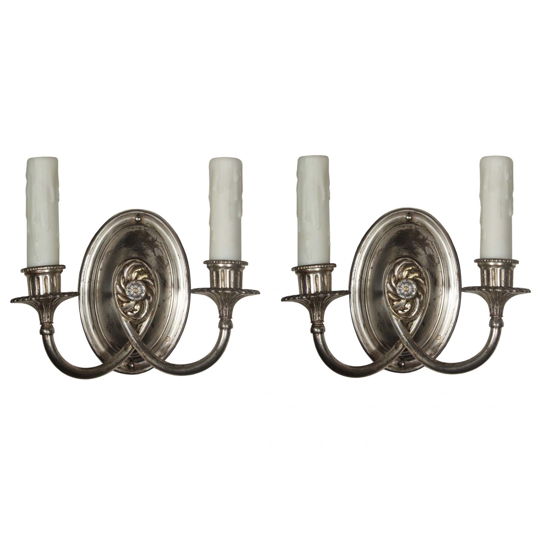 SOLD Pair of Silver Plated Double-Arm Sconces, Antique Lighting-0