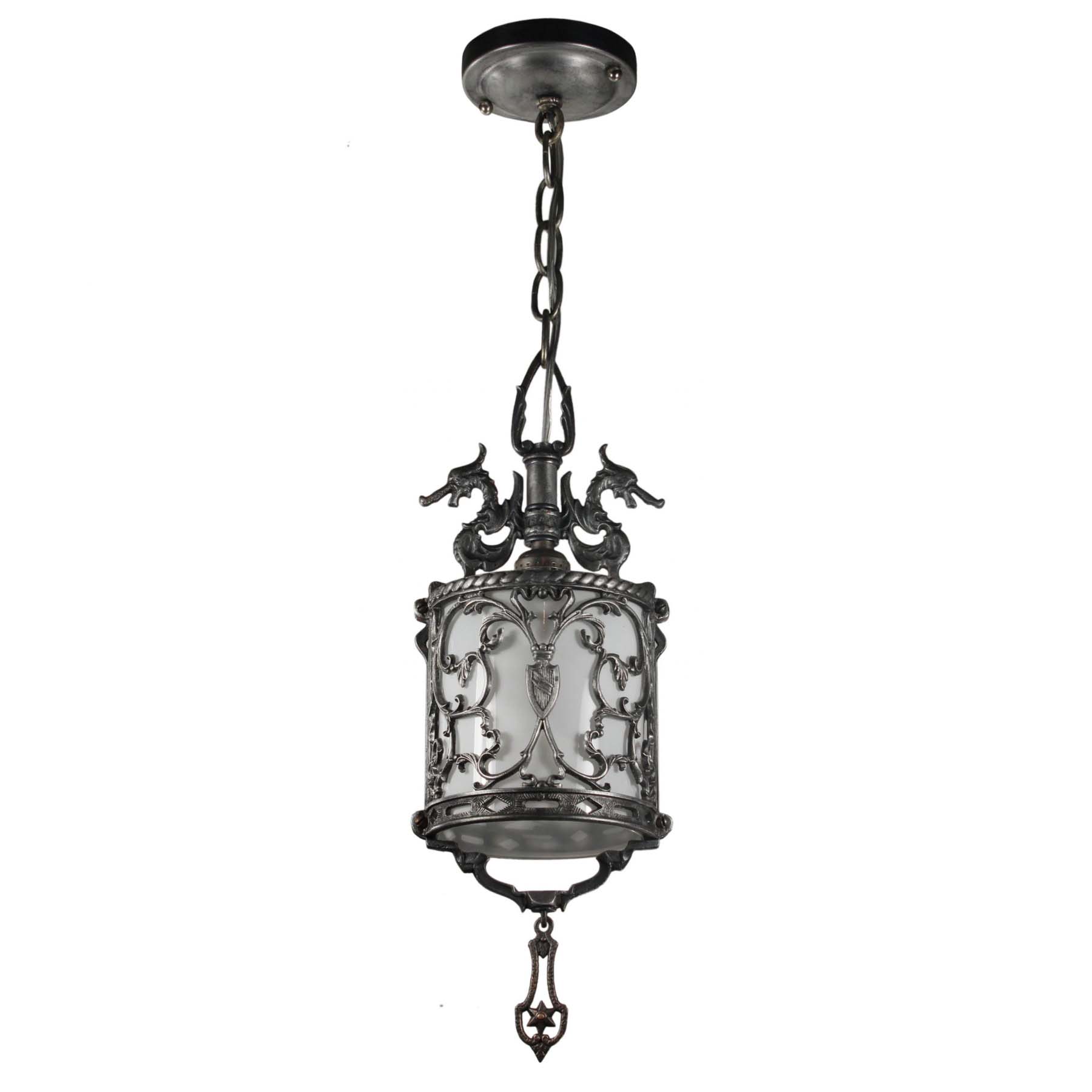 SOLD Unusual Antique Figural Pendant Light with Shields & Dragons-67386