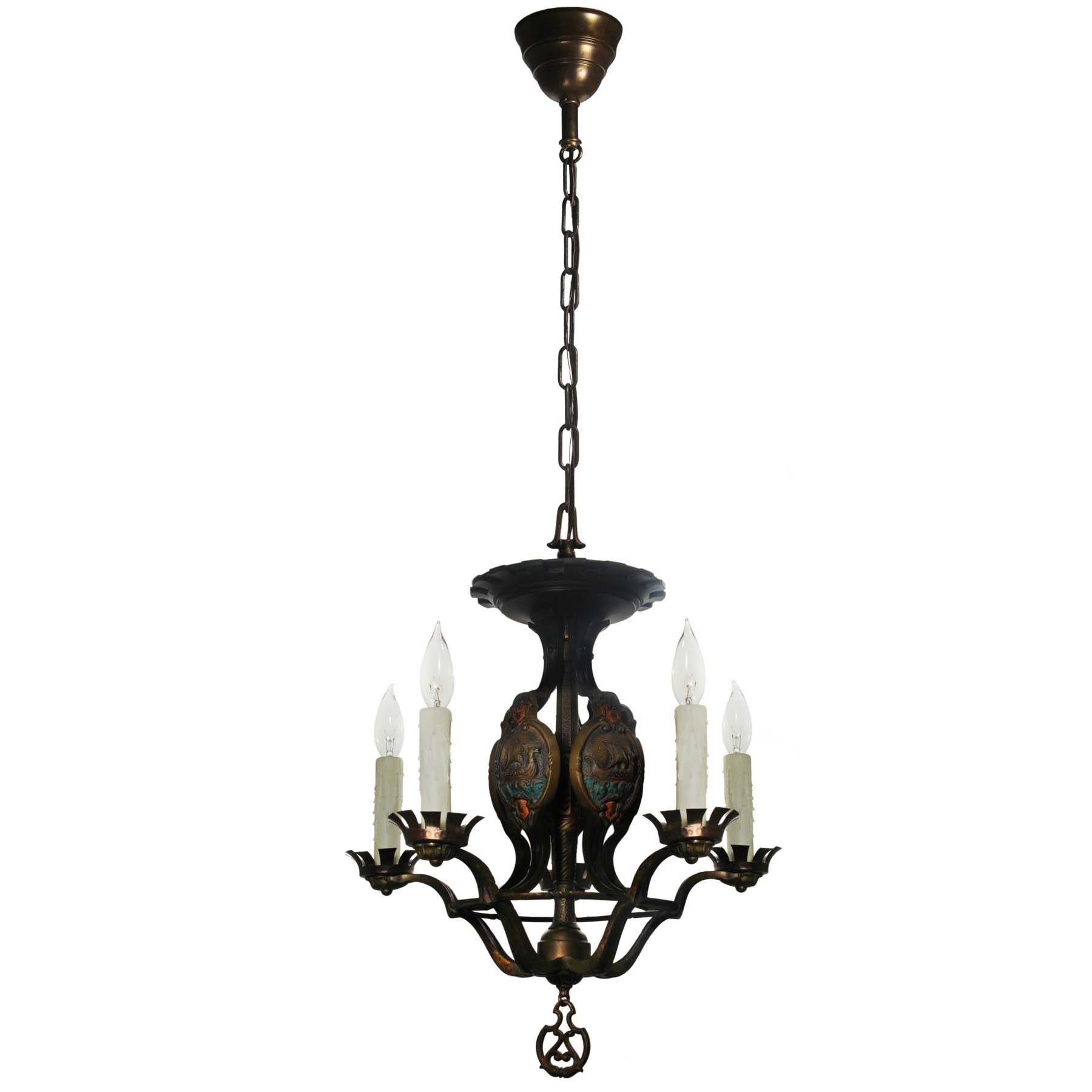 SOLD Figural Cast Bronze Chandelier with Viking Ships, Antique Lighting-67241