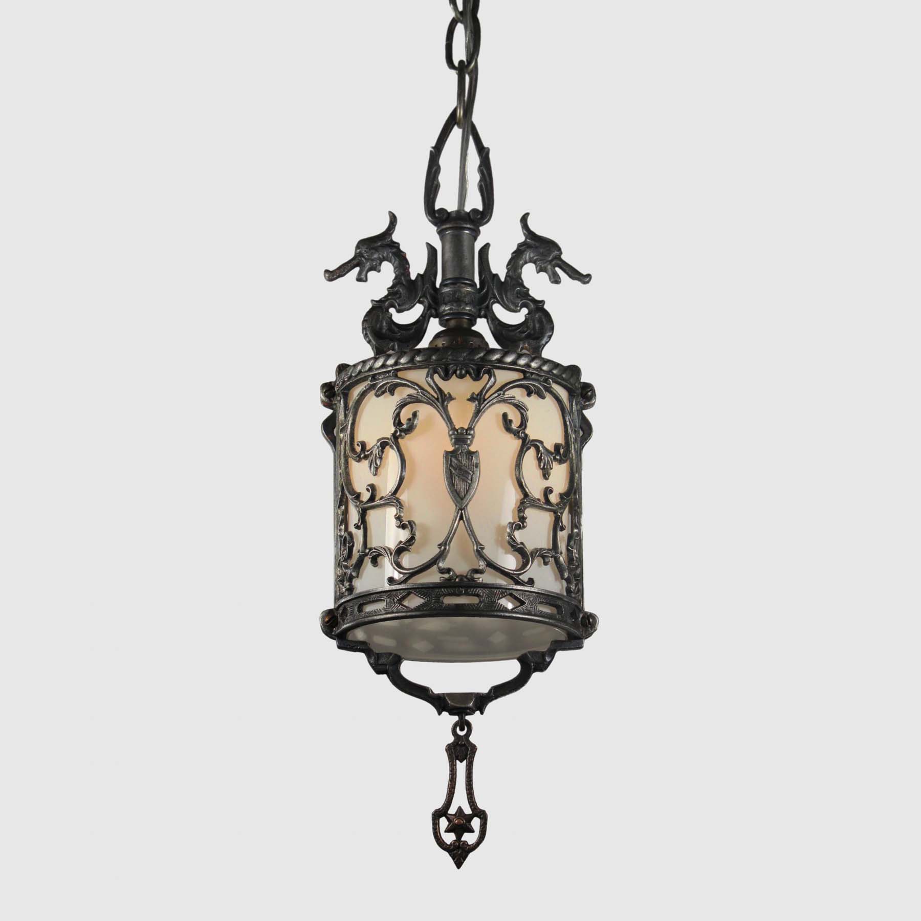 SOLD Unusual Antique Figural Pendant Light with Shields & Dragons-67385