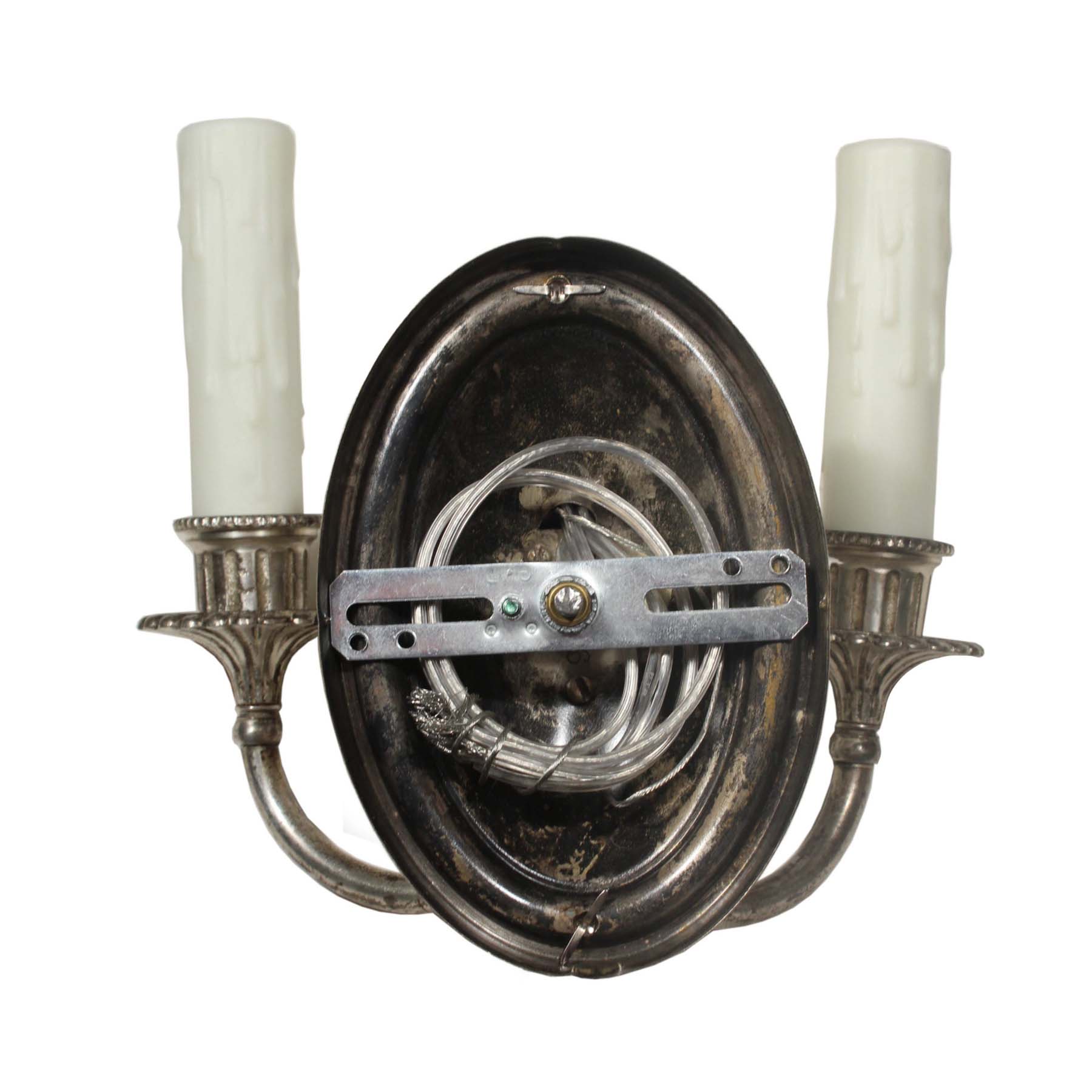 SOLD Pair of Silver Plated Double-Arm Sconces, Antique Lighting-67170