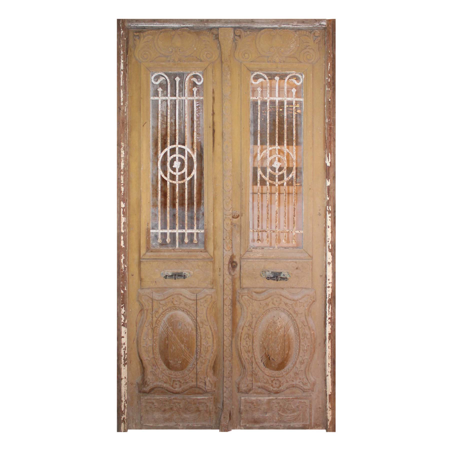 Reclaimed Pair of Antique French Colonial 54” Doors with Iron Inserts-0