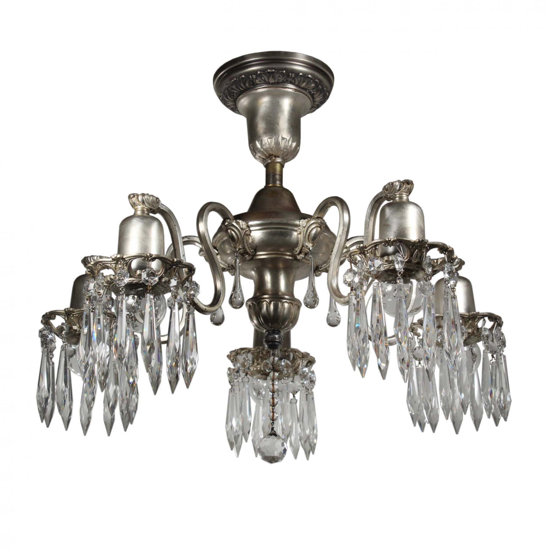 SOLD Antique Neoclassical Five-Light Semi-Flush Chandelier with Prisms, Silver Plate-0