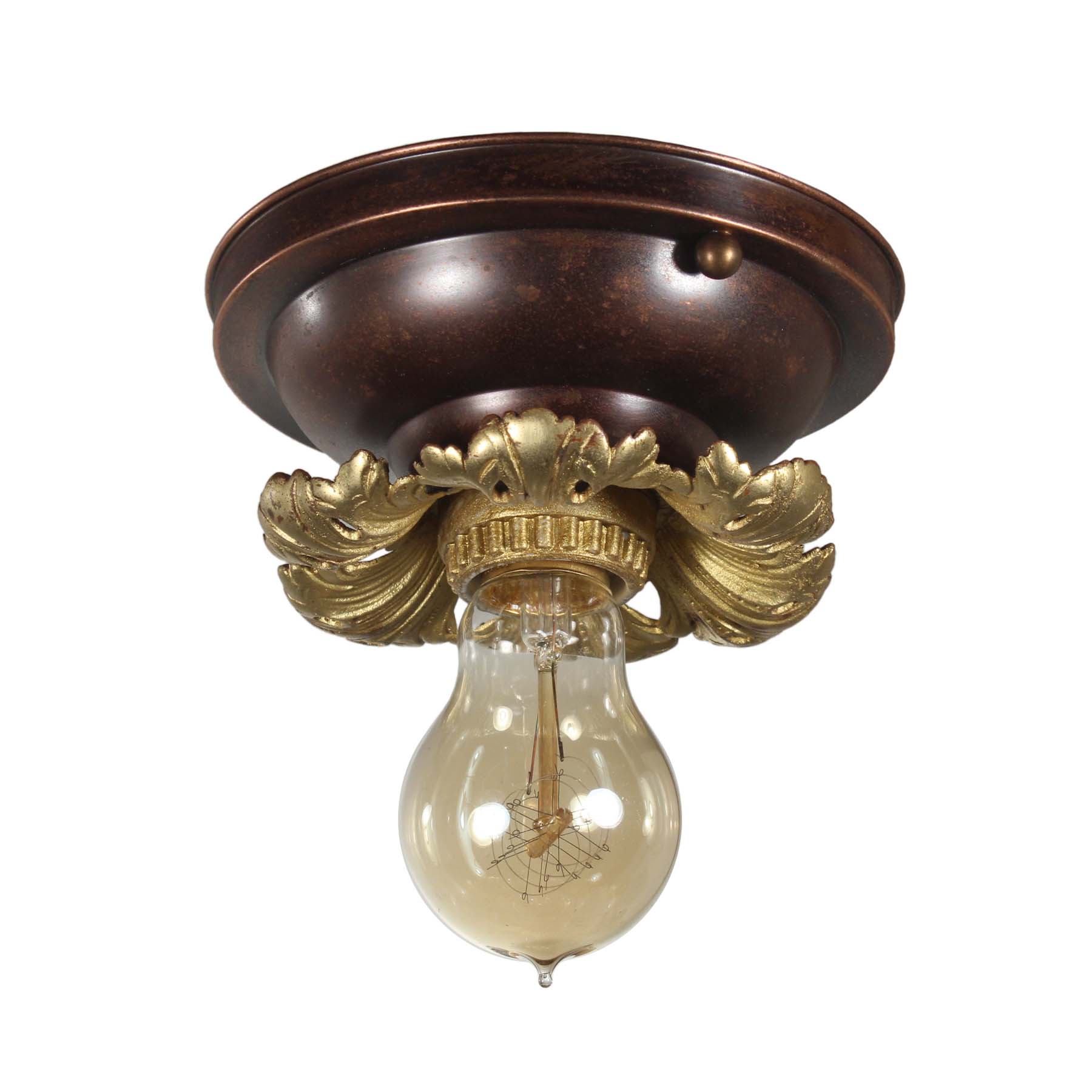SOLD Antique Two-Tone Flush-Mount Light with Exposed Bulb-0
