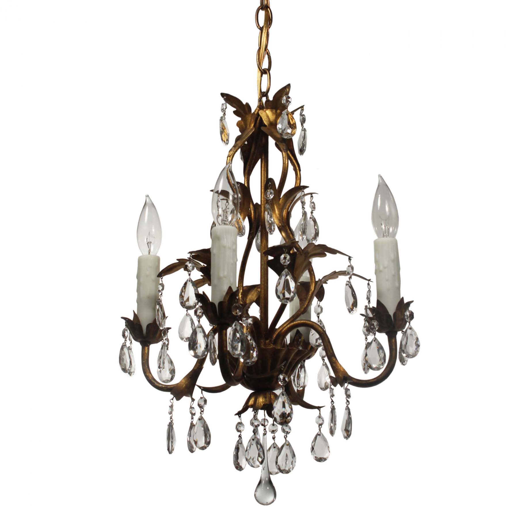 SOLD Vintage Neoclassical Brass Chandelier with Prisms-0