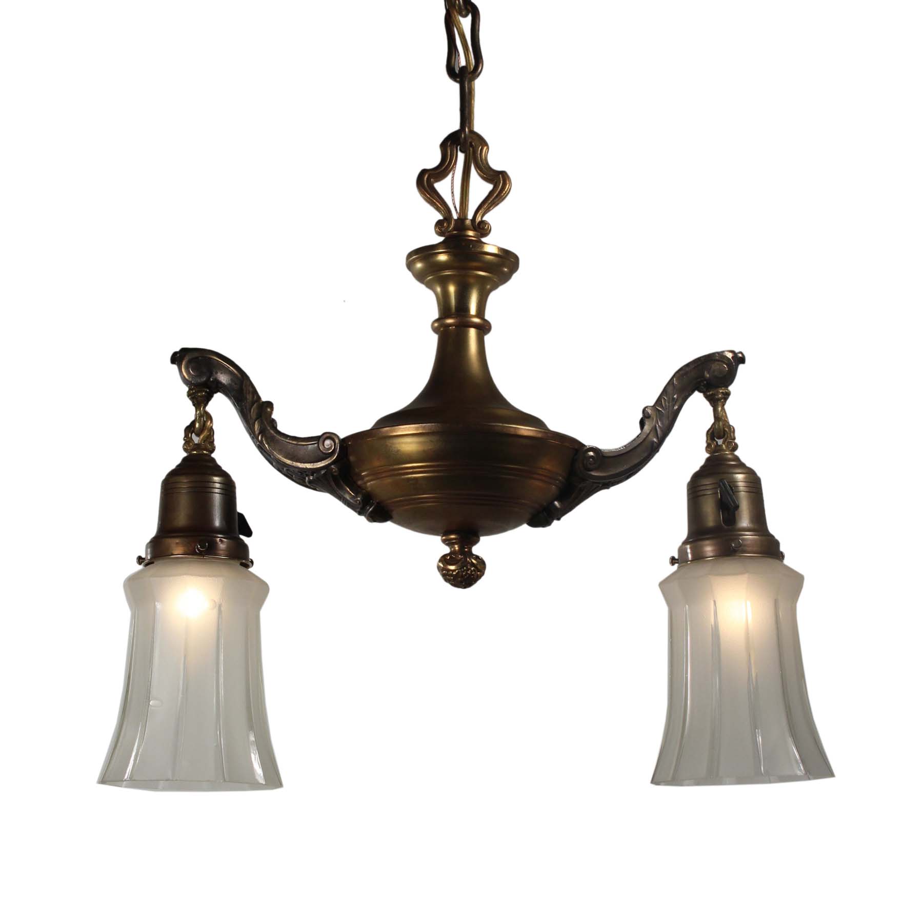 SOLD Antique Brass Two Light Chandelier with Glass Shades-0