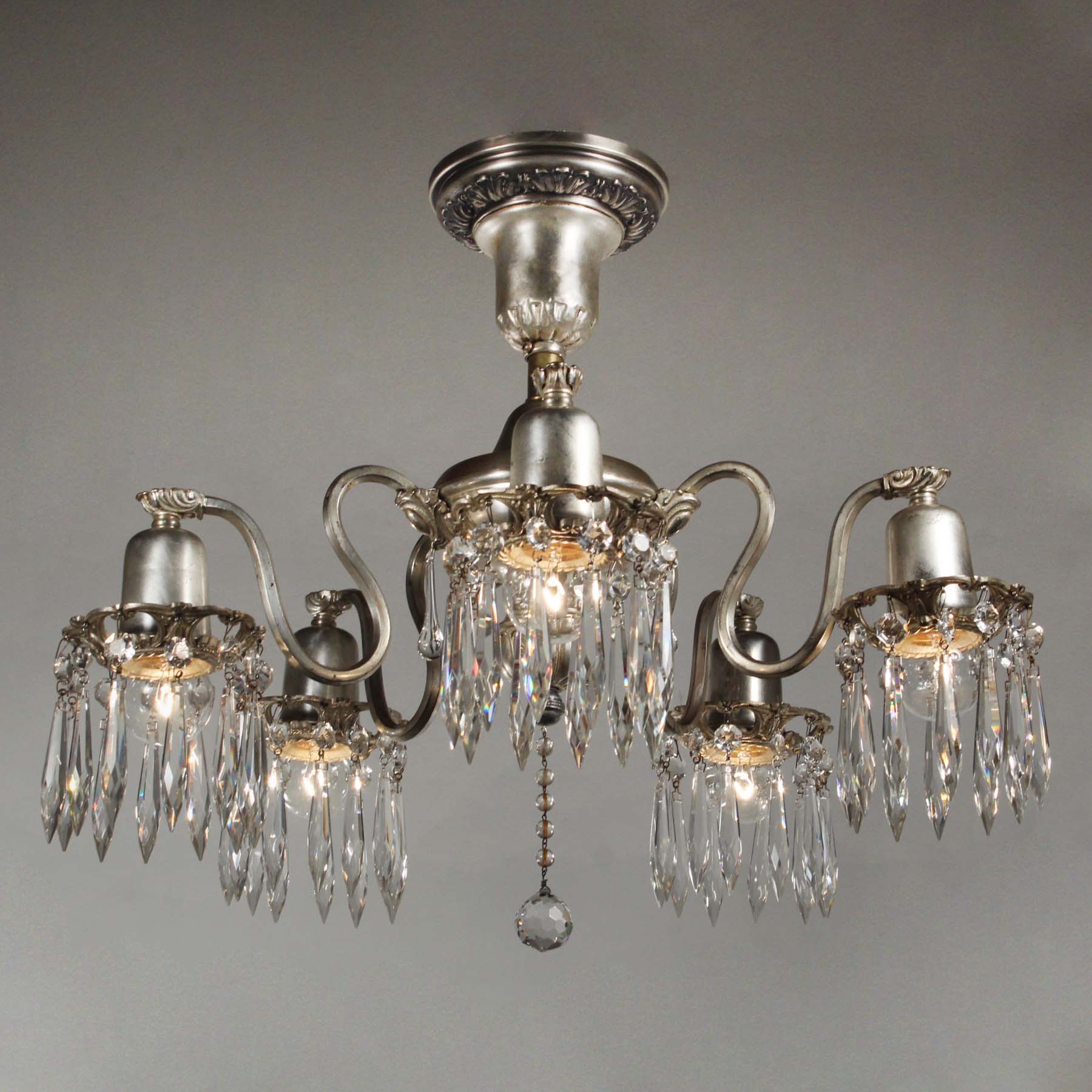 SOLD Antique Neoclassical Five-Light Semi-Flush Chandelier with Prisms, Silver Plate-67427