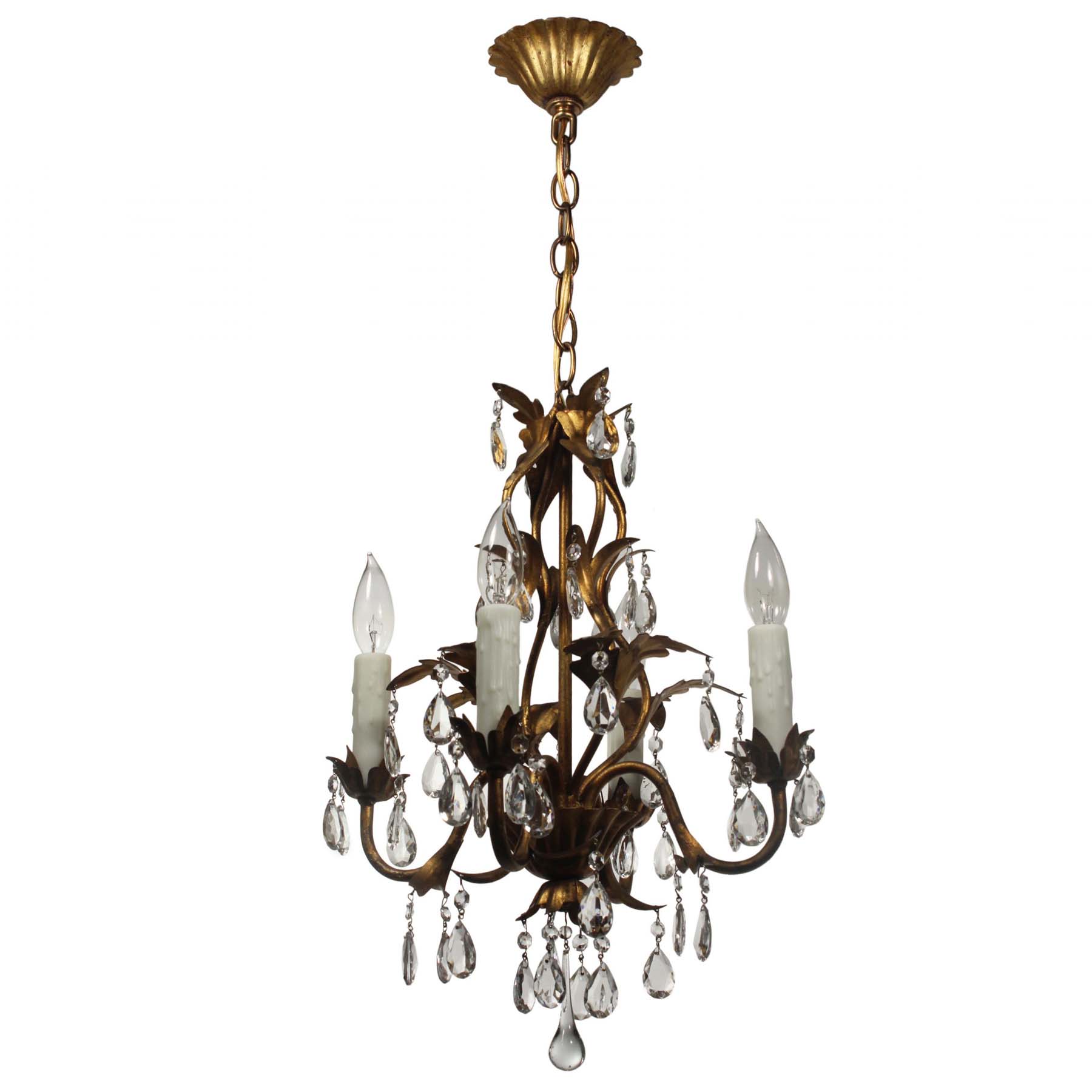 SOLD Vintage Neoclassical Brass Chandelier with Prisms-67525