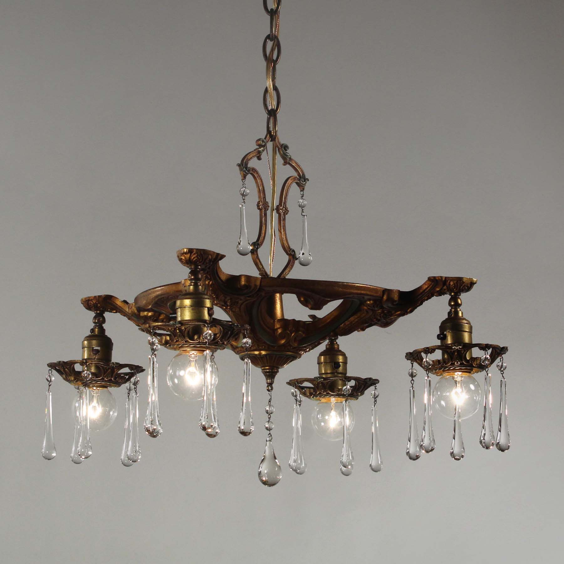SOLD Antique Chandelier with Teardrop Prisms, Early 1900s-67404