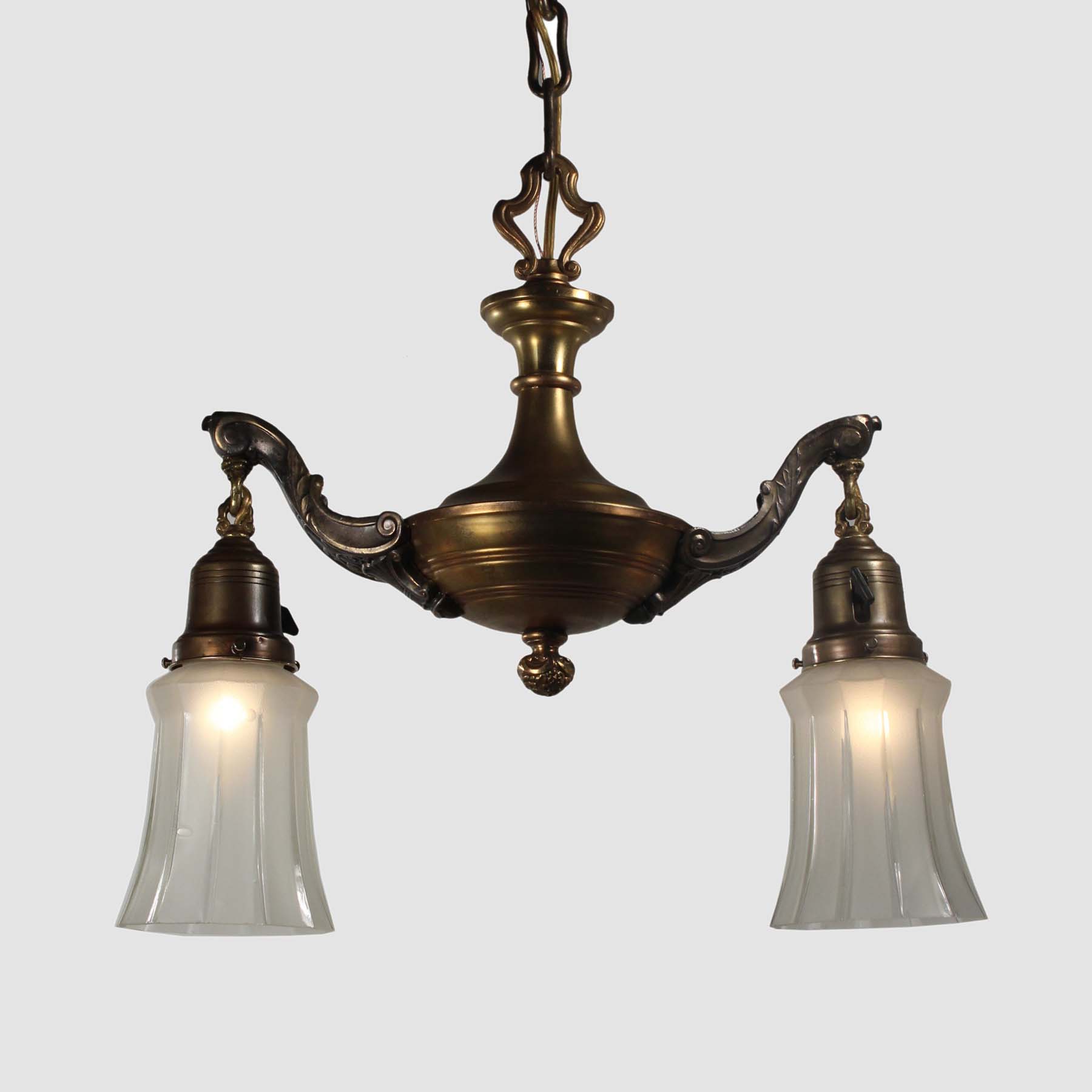 SOLD Antique Brass Two Light Chandelier with Glass Shades-67418
