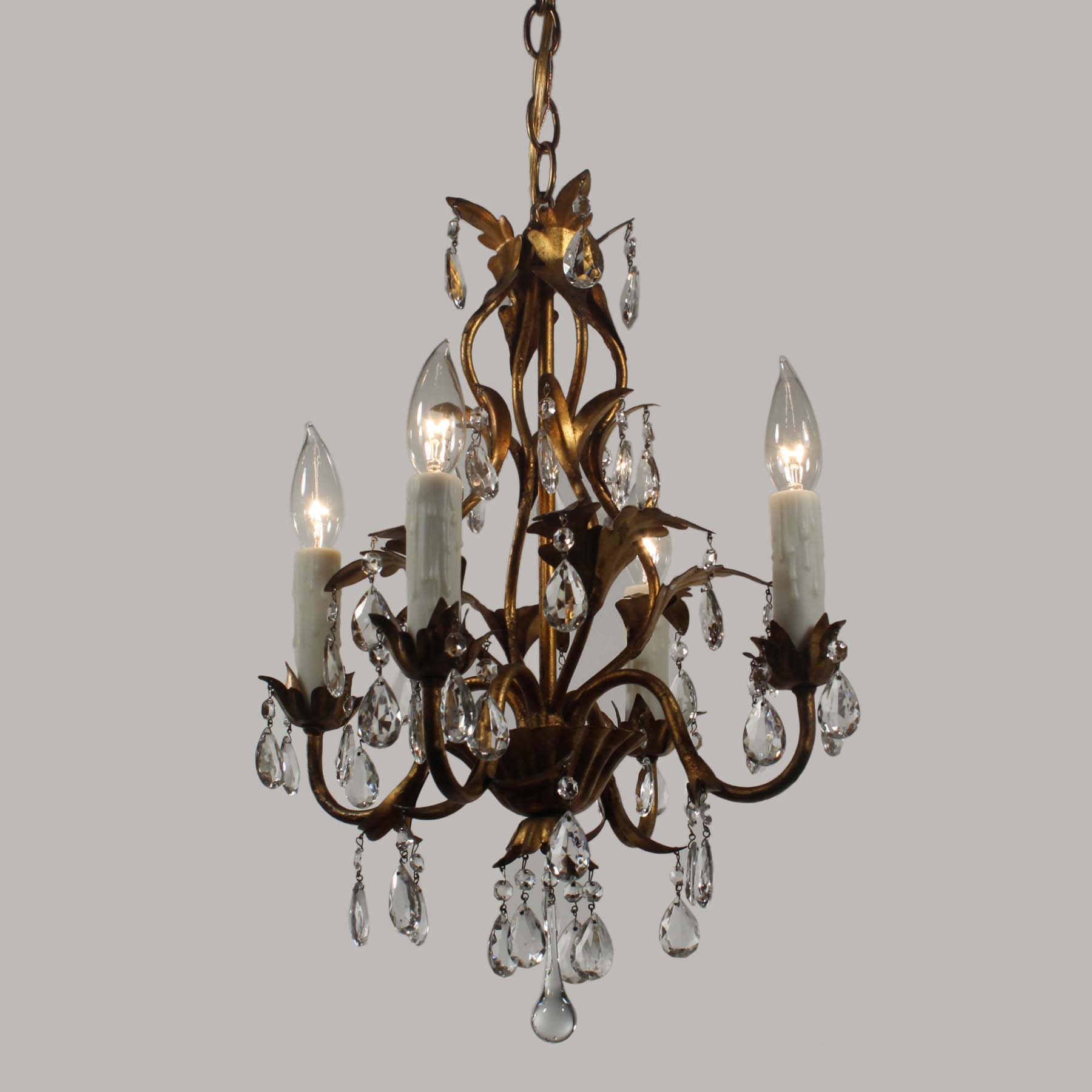 SOLD Vintage Neoclassical Brass Chandelier with Prisms-67526
