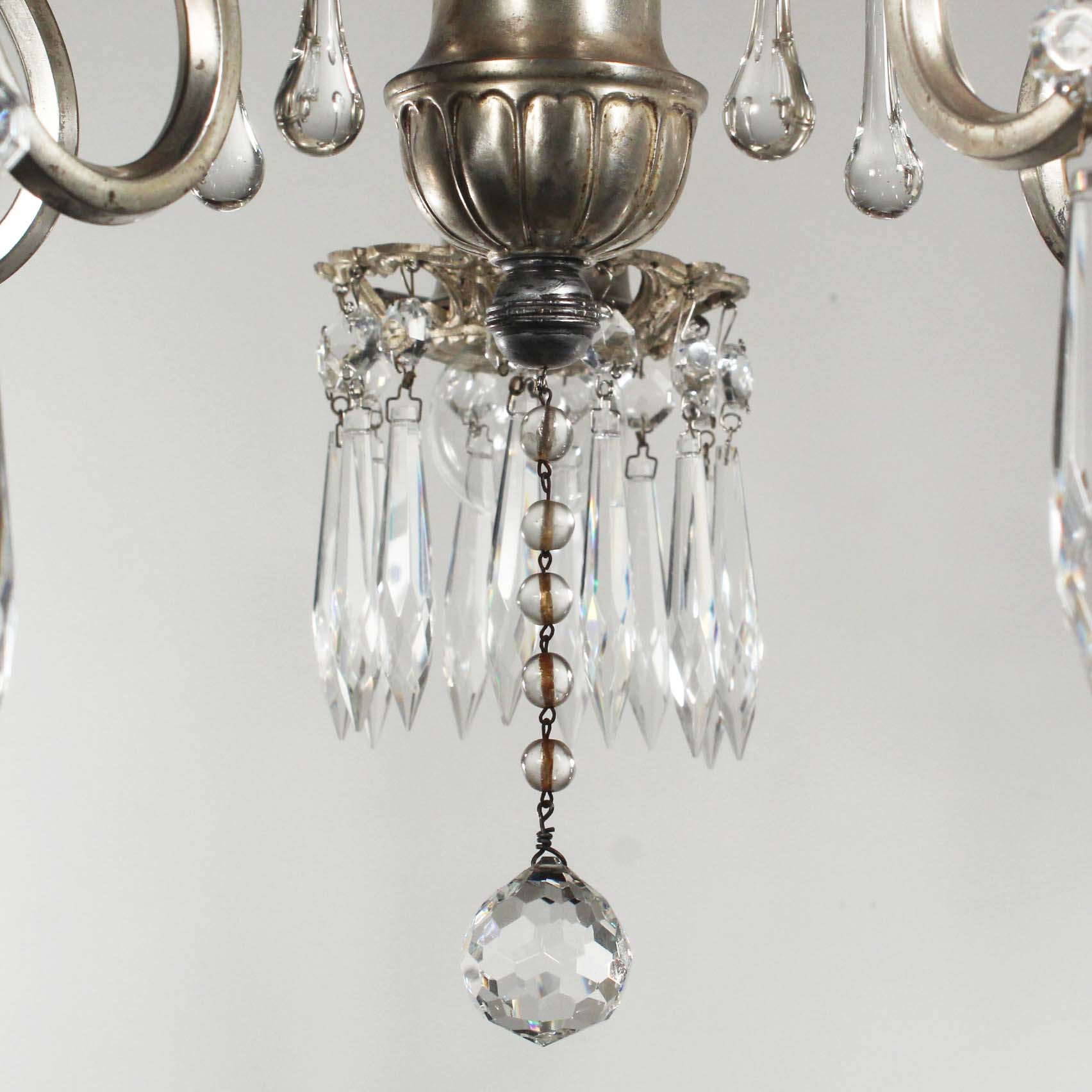 SOLD Antique Neoclassical Five-Light Semi-Flush Chandelier with Prisms, Silver Plate-67428