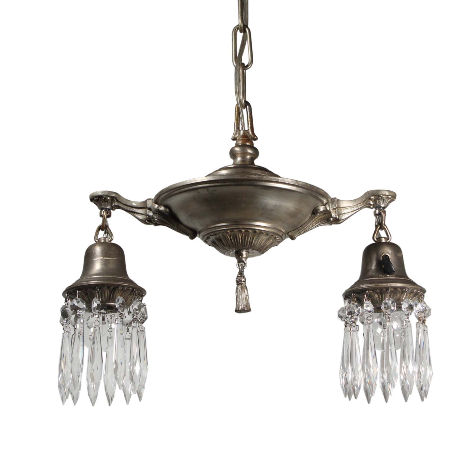 SOLD Neoclassical Silver Plated Chandelier with Prisms, Antique Lighting-0