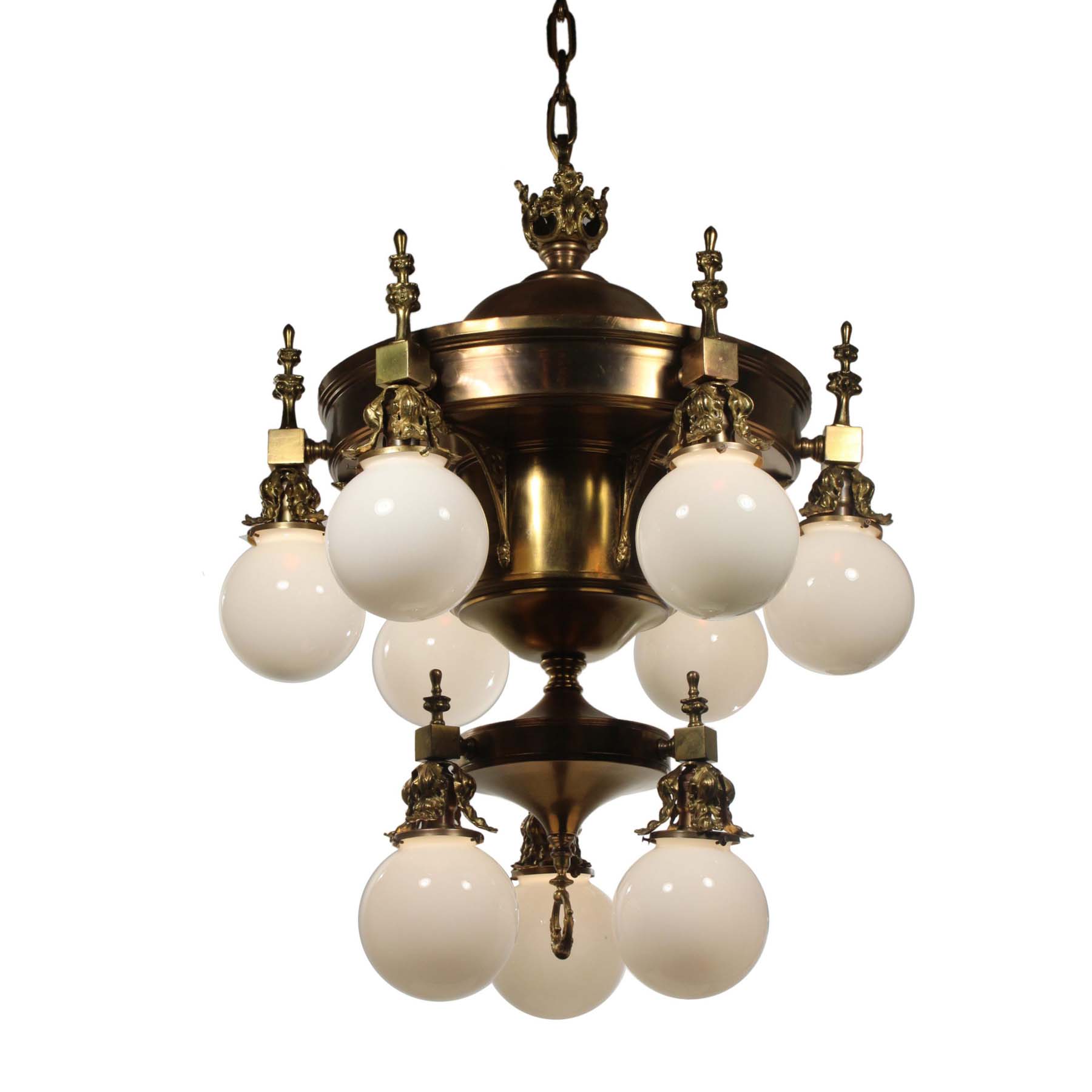 SOLD Substantial Antique Brass Chandelier with Ball Shades-0