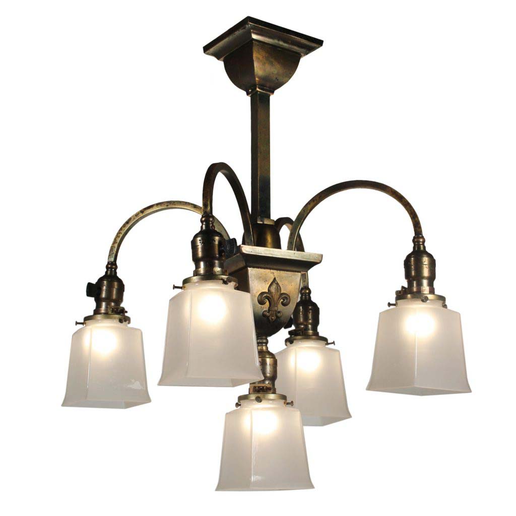 Antique Brass SemiFlush Chandelier by Beardslee, Antique Lighting
