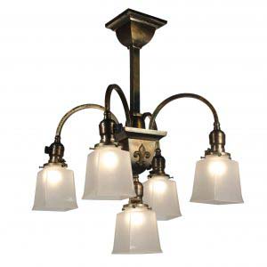 Antique Brass Semi-Flush Chandelier by Beardslee, Antique Lighting-0