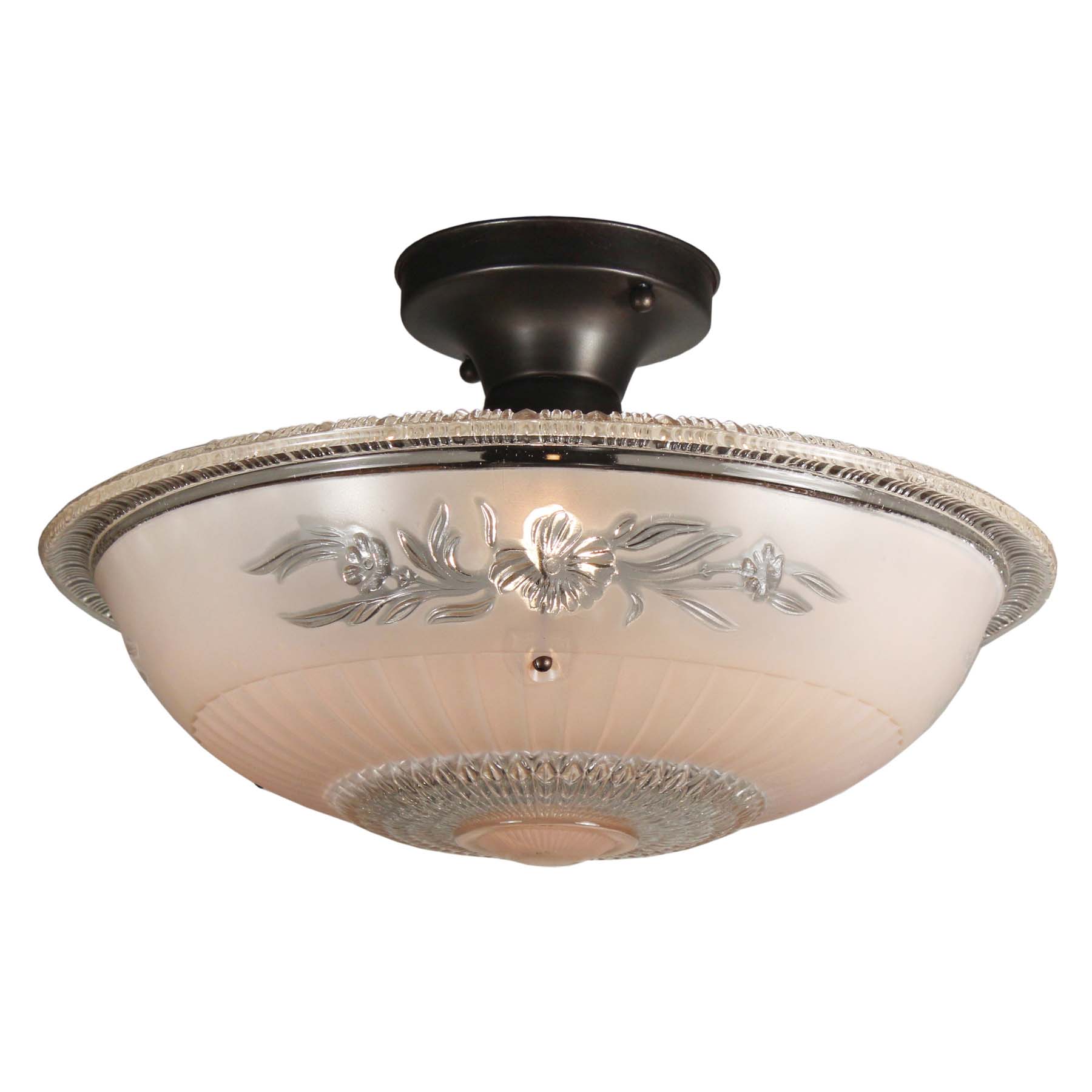 SOLD Vintage Flush Mount Light Fixture with Pale Pink Glass Shade, c.1940-0