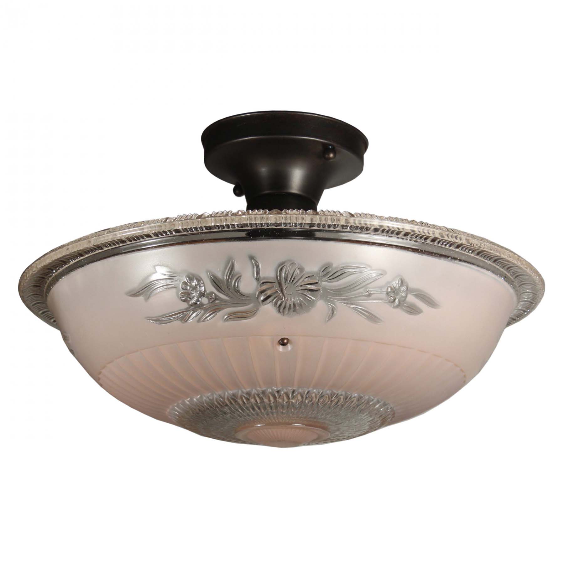 SOLD Vintage Flush Mount Light Fixture with Pale Pink Glass Shade, c.1940-67781