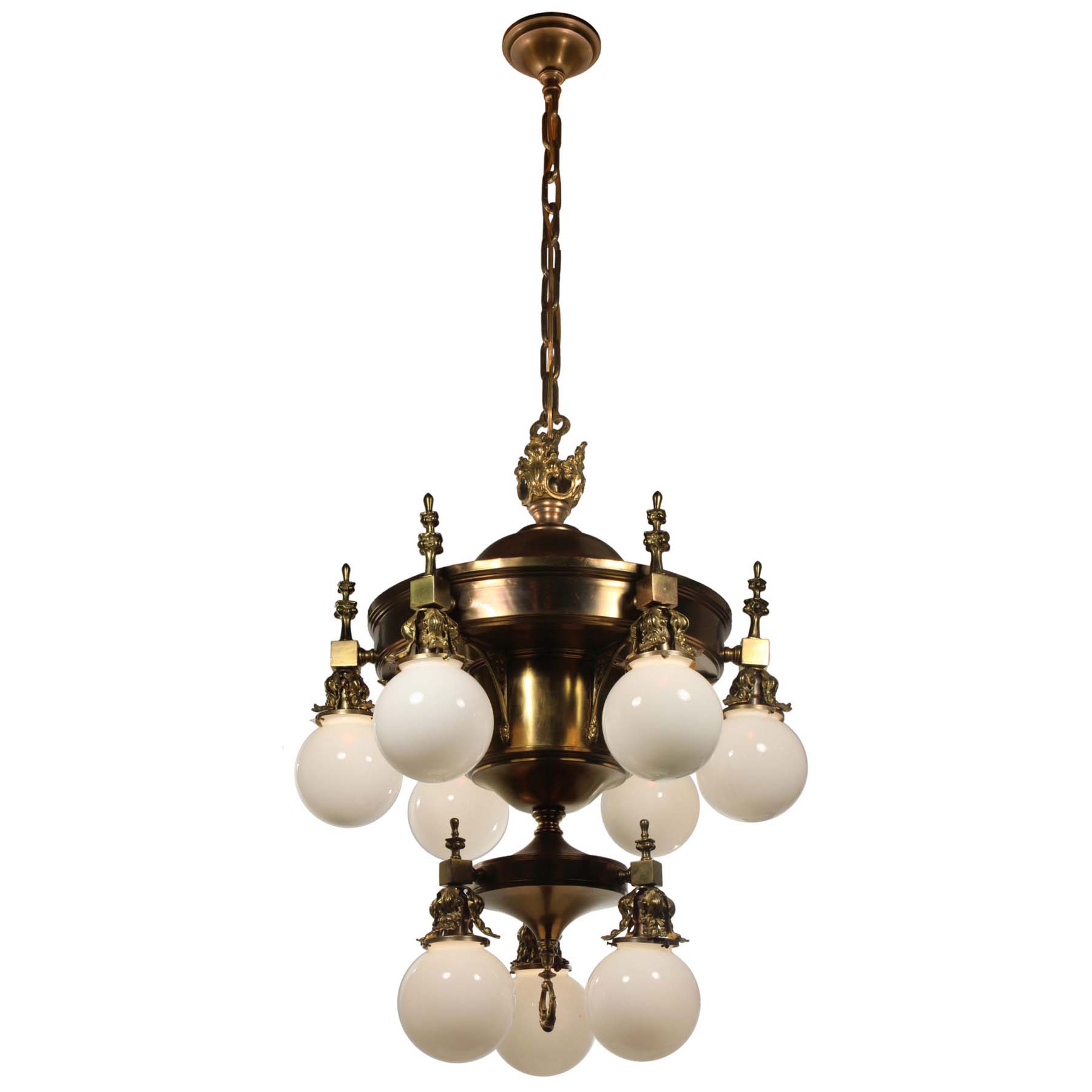 SOLD Substantial Antique Brass Chandelier with Ball Shades-67599