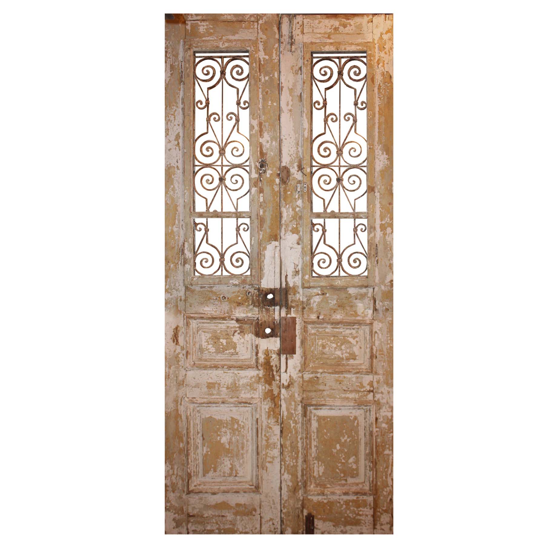 SOLD Salvaged Pair of 44” Antique French Colonial Doors with Iron Inserts-67876