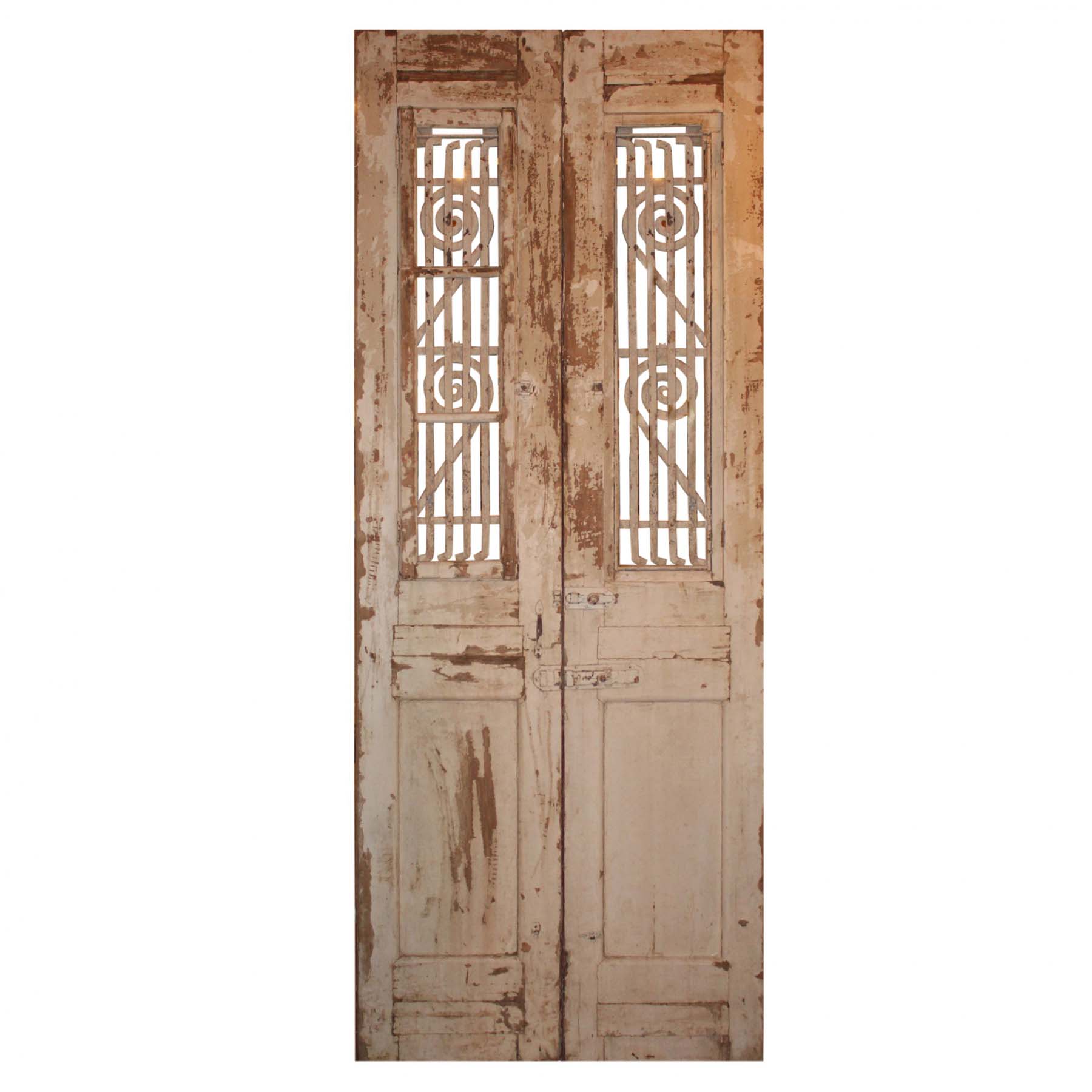 SOLD Salvaged Pair of 42” Antique French Colonial Doors with Iron Inserts-67879