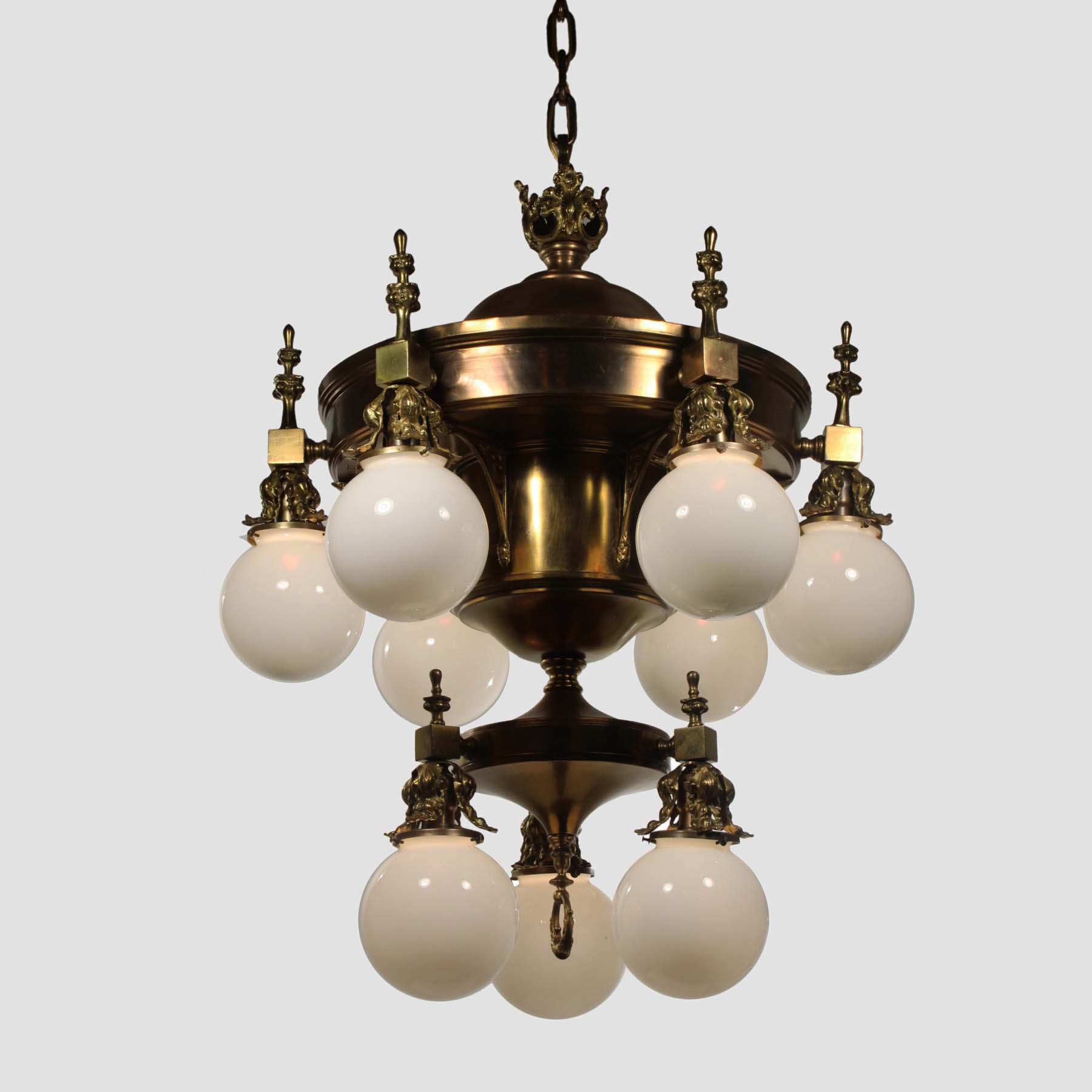 SOLD Substantial Antique Brass Chandelier with Ball Shades-67600