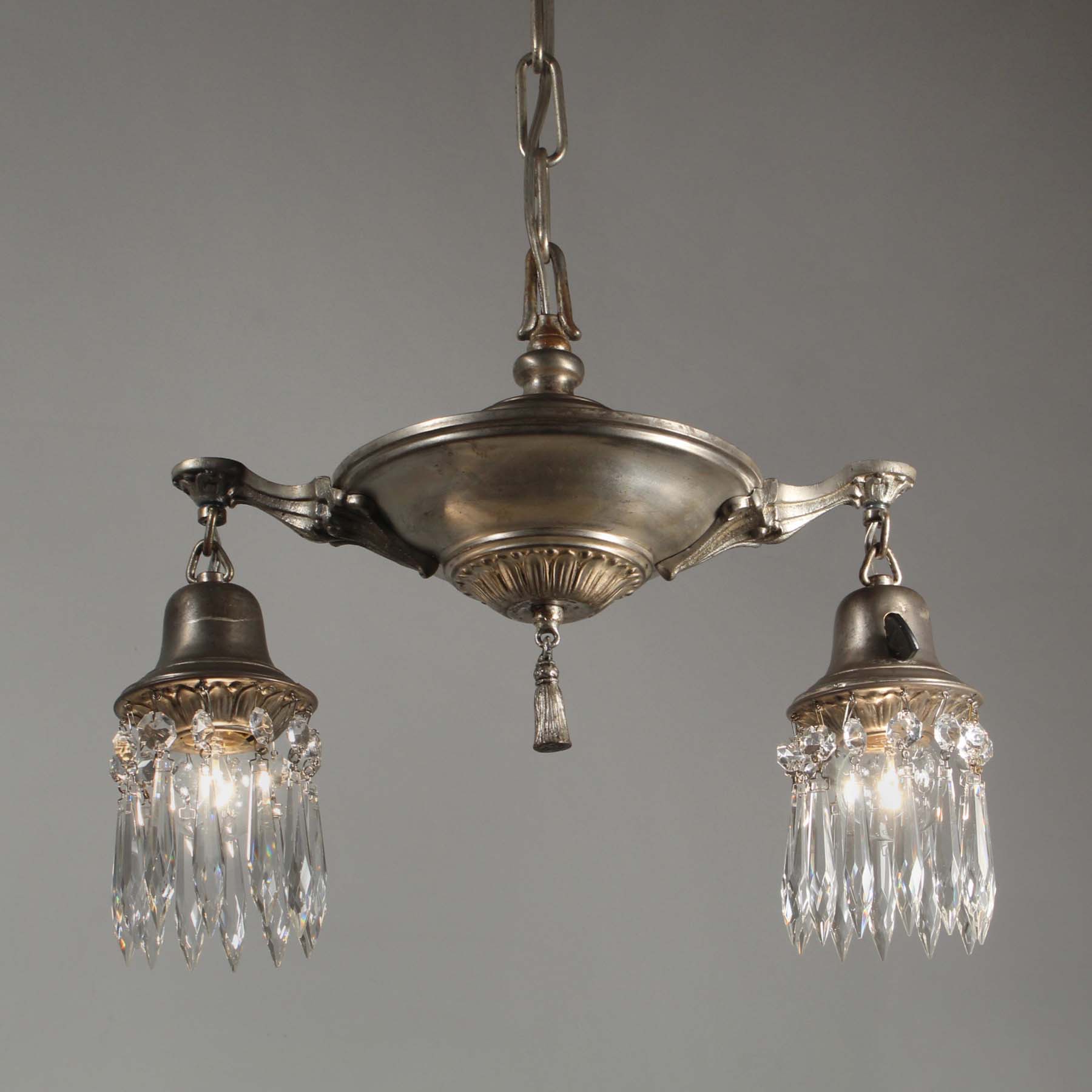 SOLD Neoclassical Silver Plated Chandelier with Prisms, Antique Lighting-67712