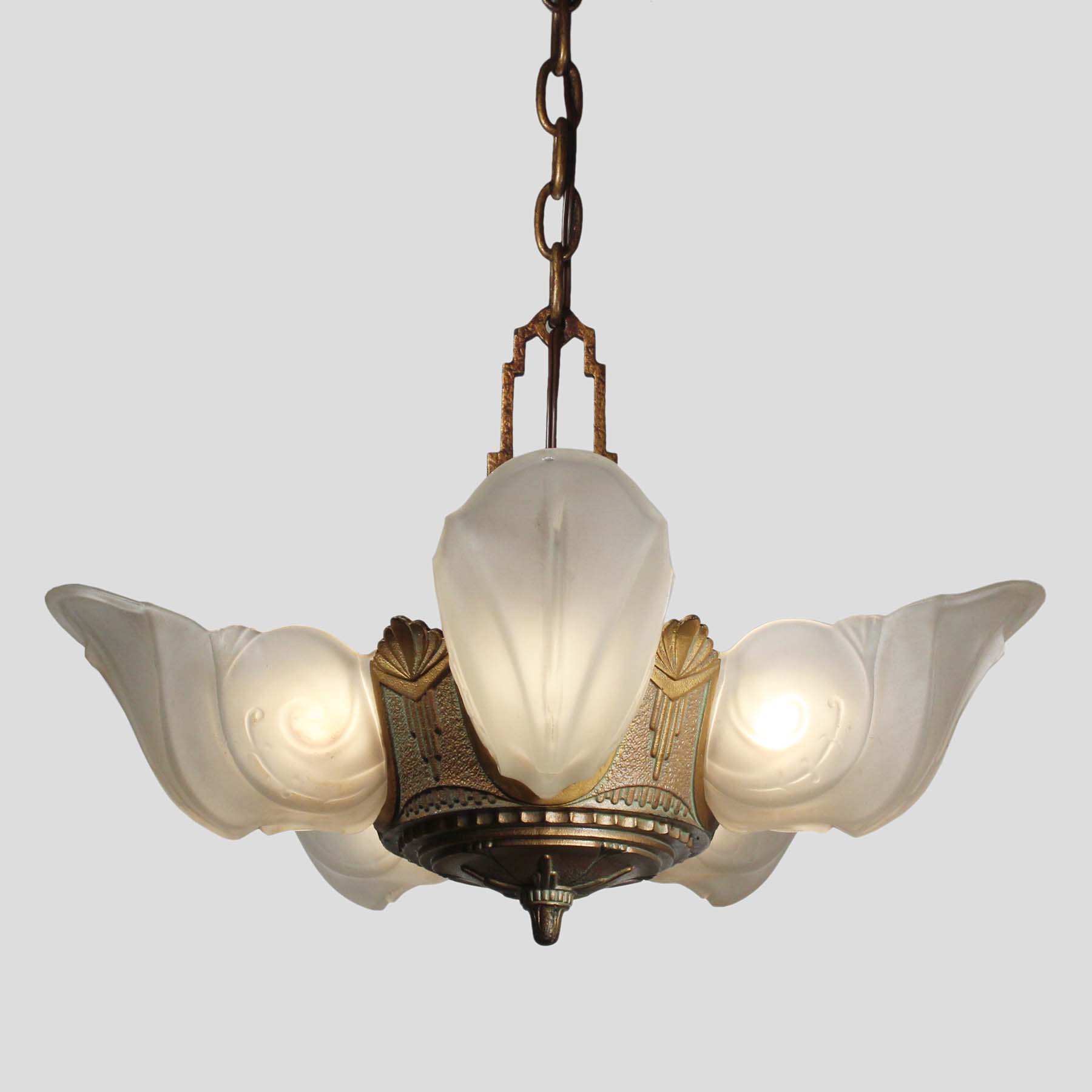 SOLD Antique Five-Light Art Deco Slip Shade Chandelier, "Warwick” Design by Glasco Electric-67731