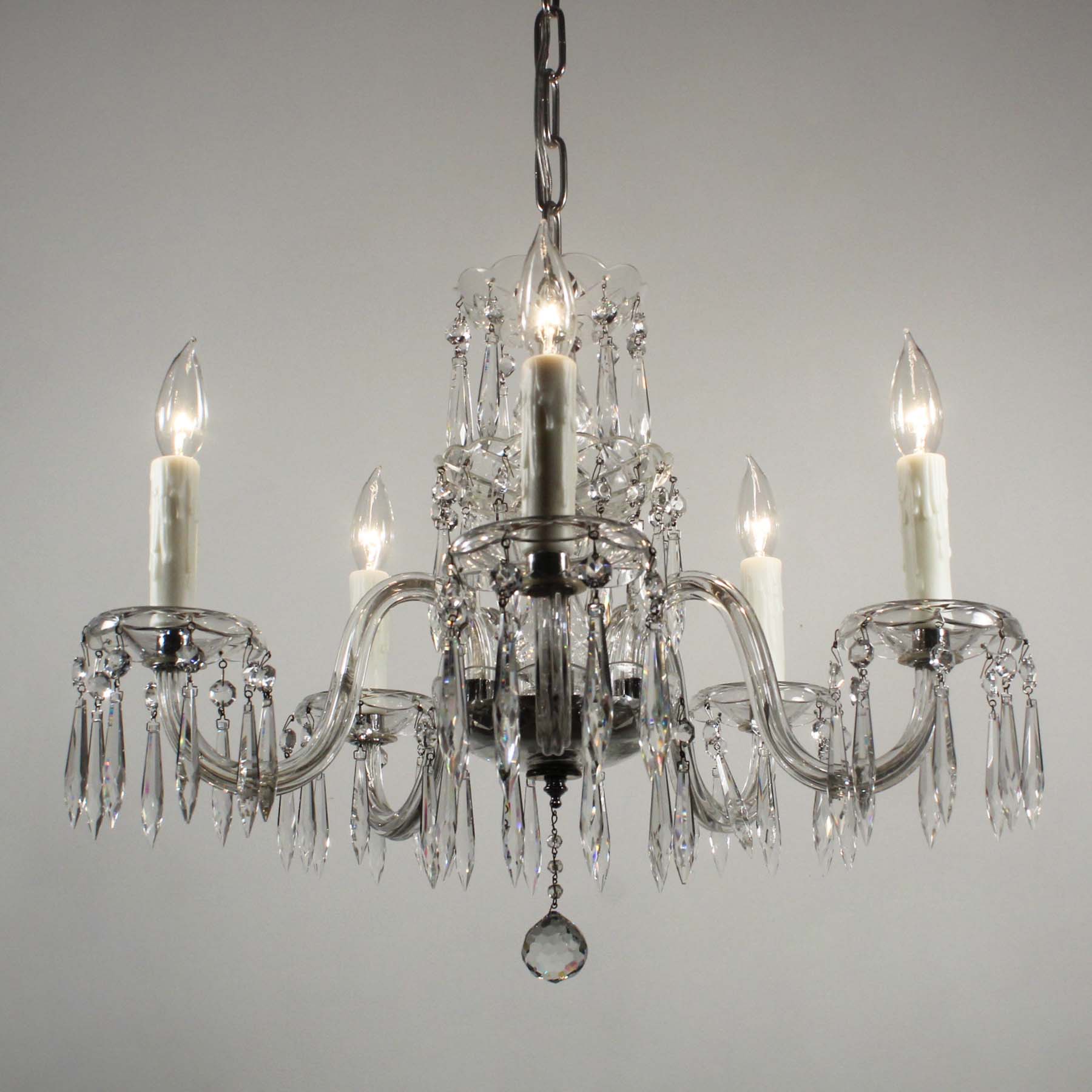 SOLD Five-Light Glass Chandelier with Prisms, Antique Lighting-67739