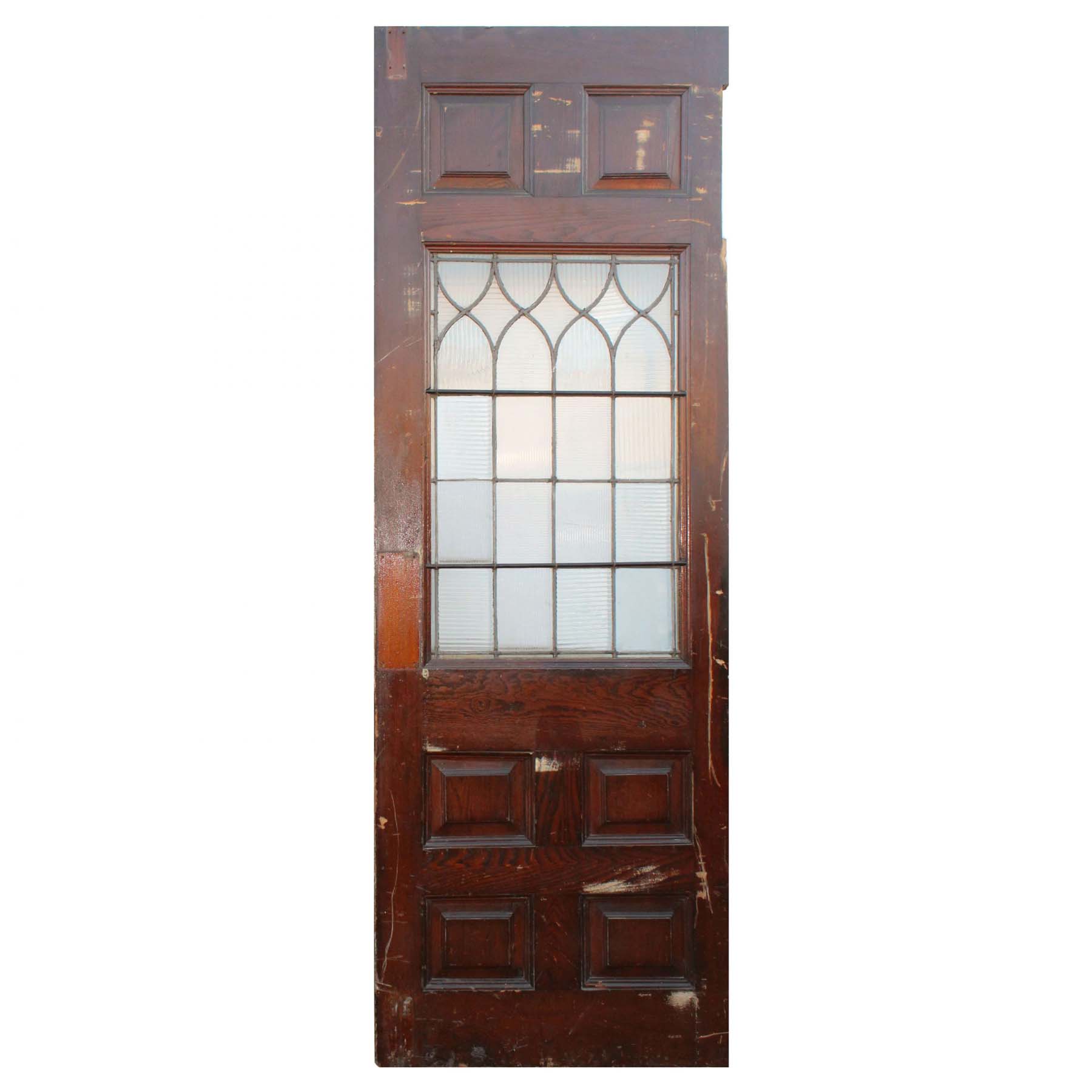 Salvaged 30” Door with Leaded and Ribbed Glass, Oak-0