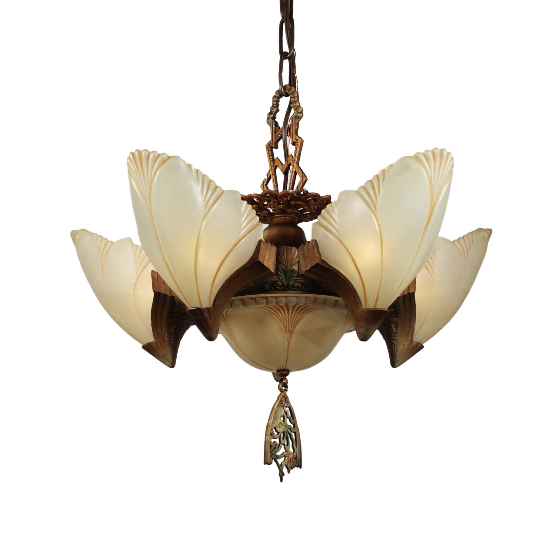 SOLD Antique Art Deco Batwing Slip Shade Chandelier, c.1930-0