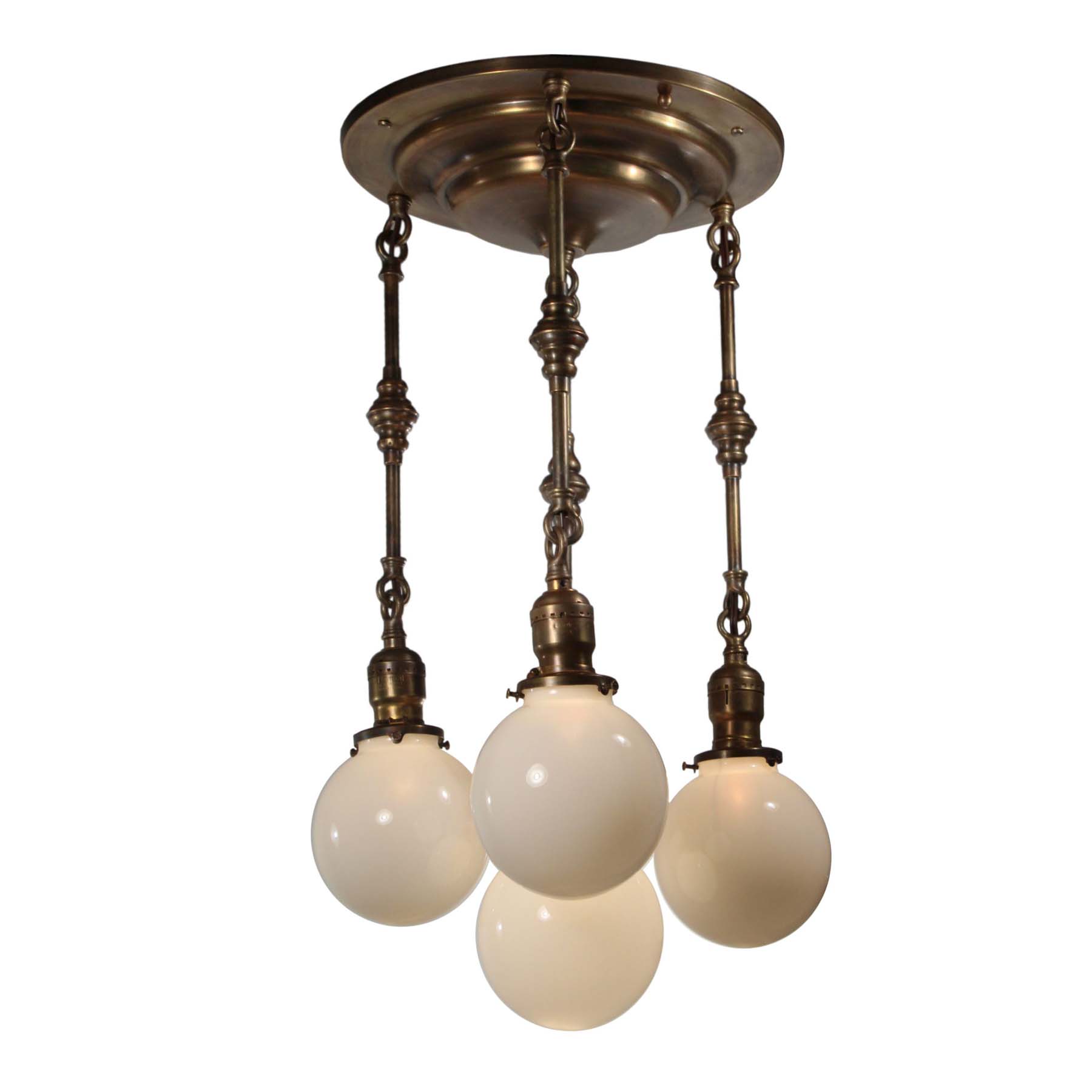 SOLD Antique Brass Semi Flush-Mount Chandelier with Ball Shades-0