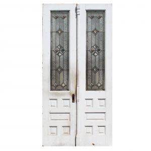 Salvaged 47" Oak Door Pair with Leaded Glass-0