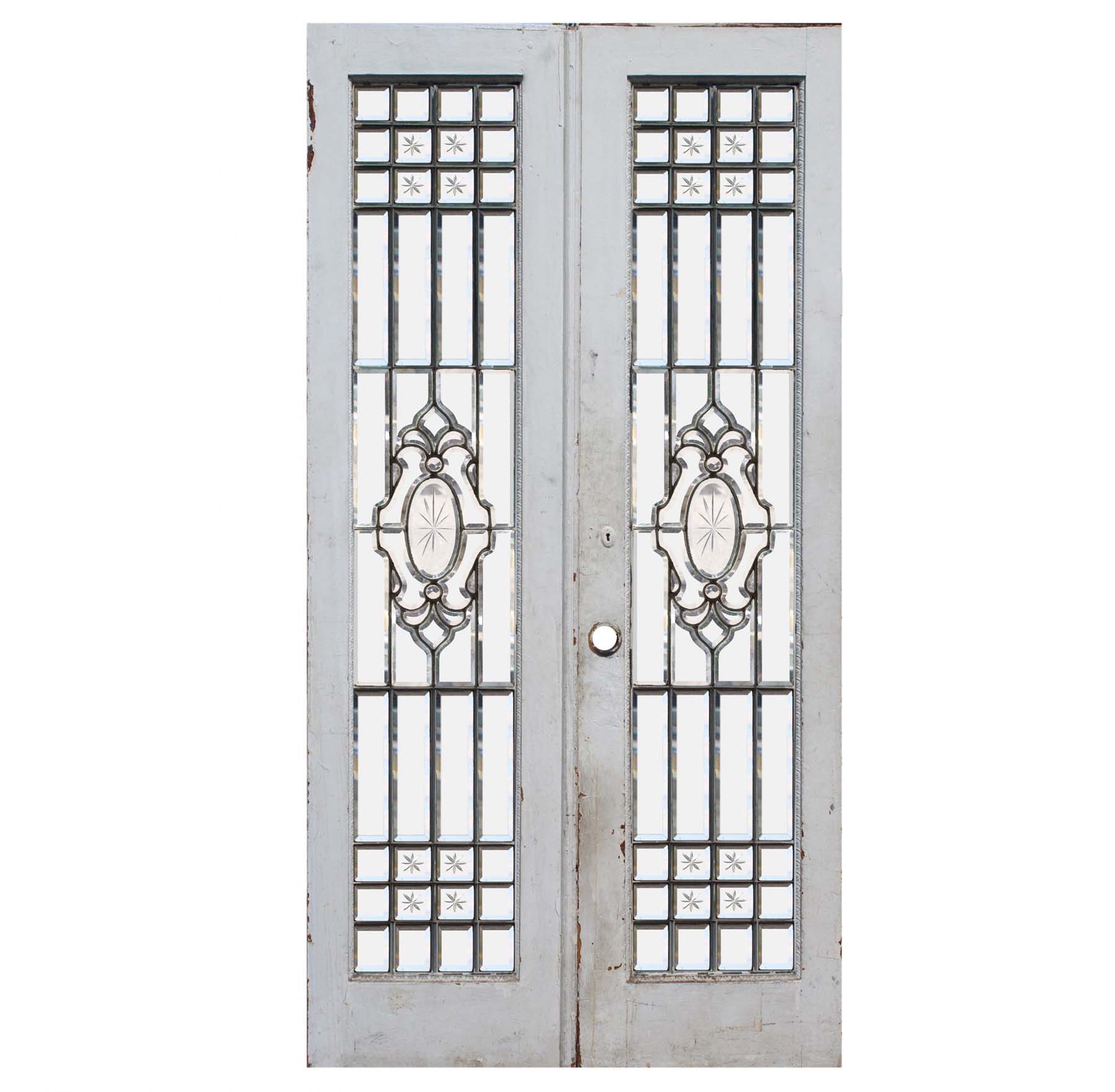 SOLD Antique 42” Door Pair with Leaded and Beveled Glass-0